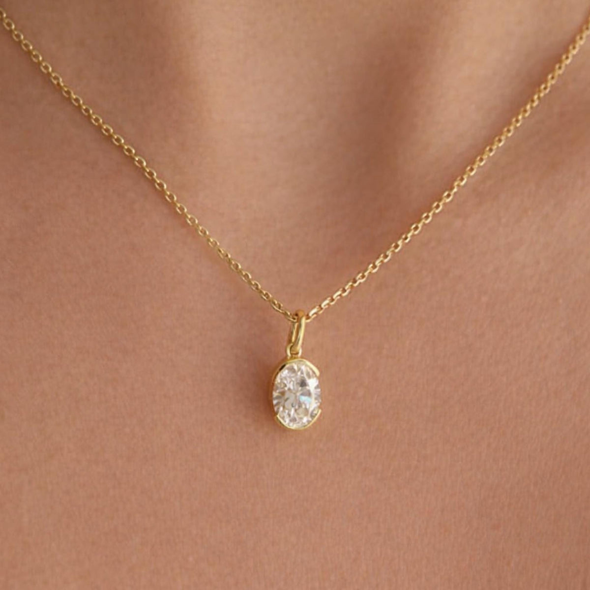 Oval Moissanite Necklace Pendant 14K Gold, Half Bezel Set Diamond Charm, Minimalist Gold Pendant, Universal Bail Jewelry Gift