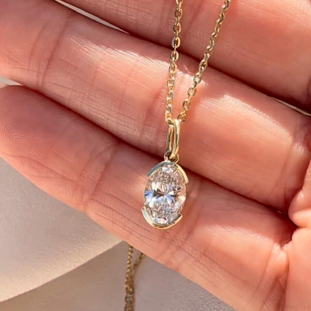 Oval Moissanite Necklace Pendant 14K Gold, Half Bezel Set Diamond Charm, Minimalist Gold Pendant, Universal Bail Jewelry Gift