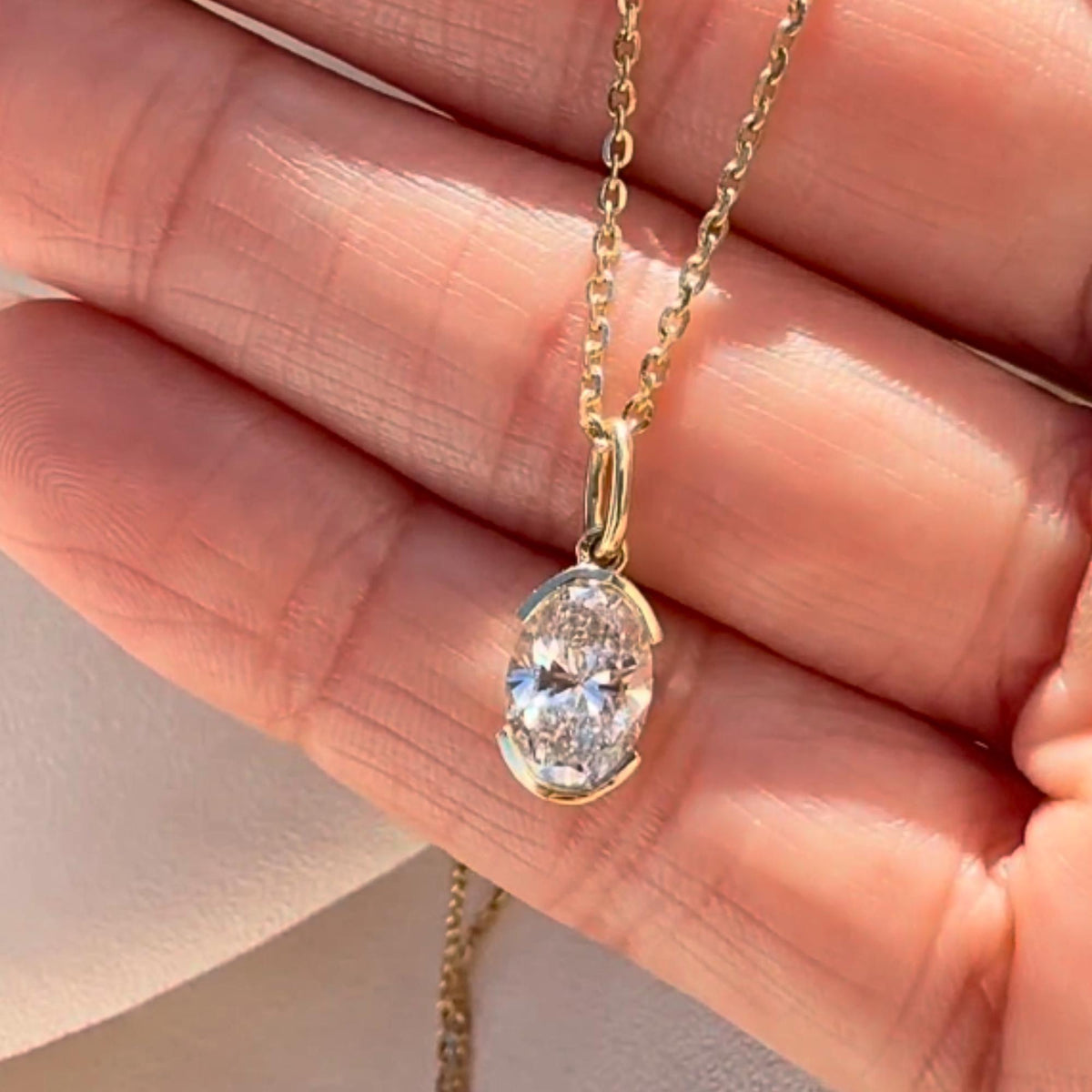 Oval Moissanite Necklace Pendant 14K Gold, Half Bezel Set Diamond Charm, Minimalist Gold Pendant, Universal Bail Jewelry Gift