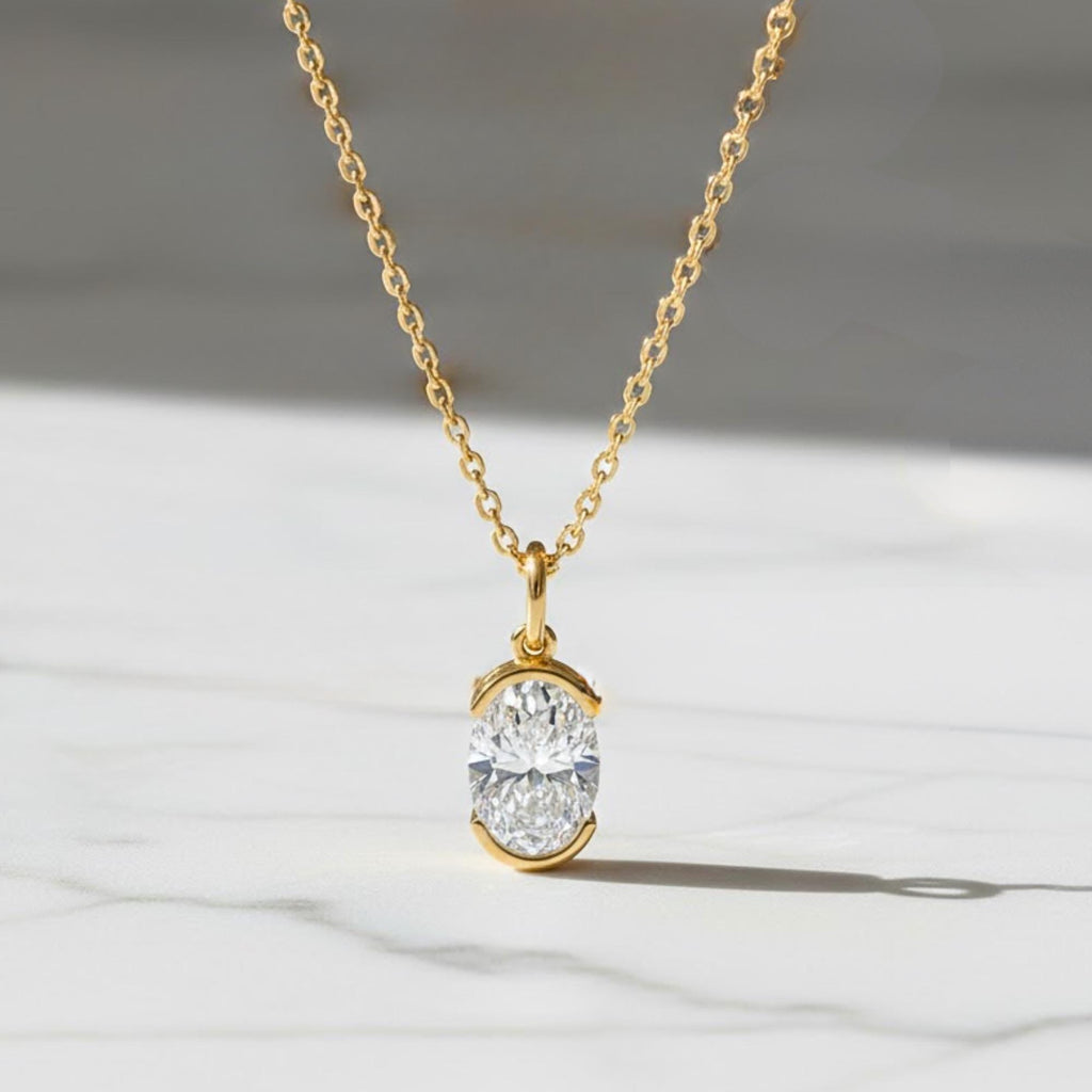 Oval Moissanite Necklace Pendant 14K Gold, Half Bezel Set Diamond Charm, Minimalist Gold Pendant, Universal Bail Jewelry Gift