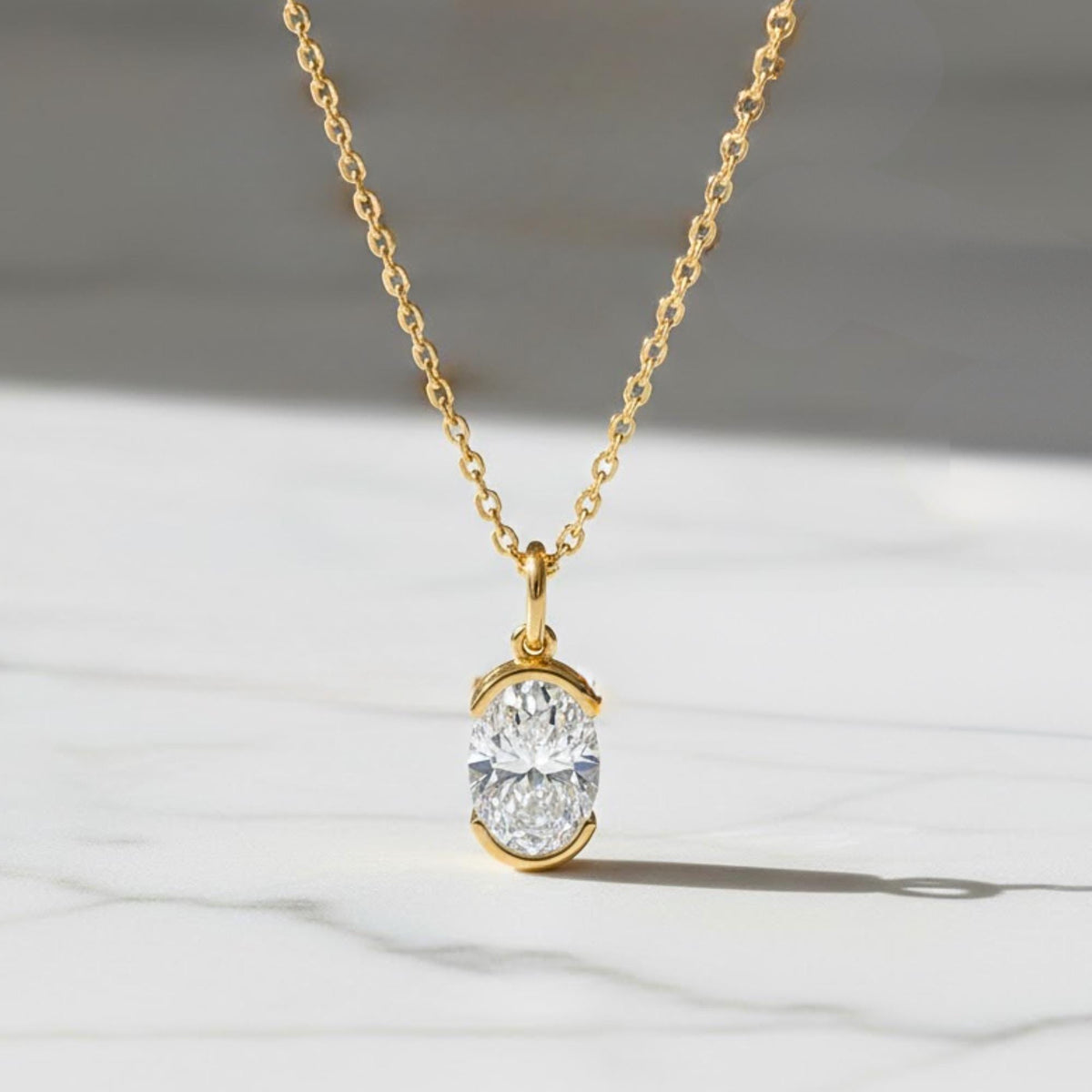 Oval Moissanite Necklace Pendant 14K Gold, Half Bezel Set Diamond Charm, Minimalist Gold Pendant, Universal Bail Jewelry Gift