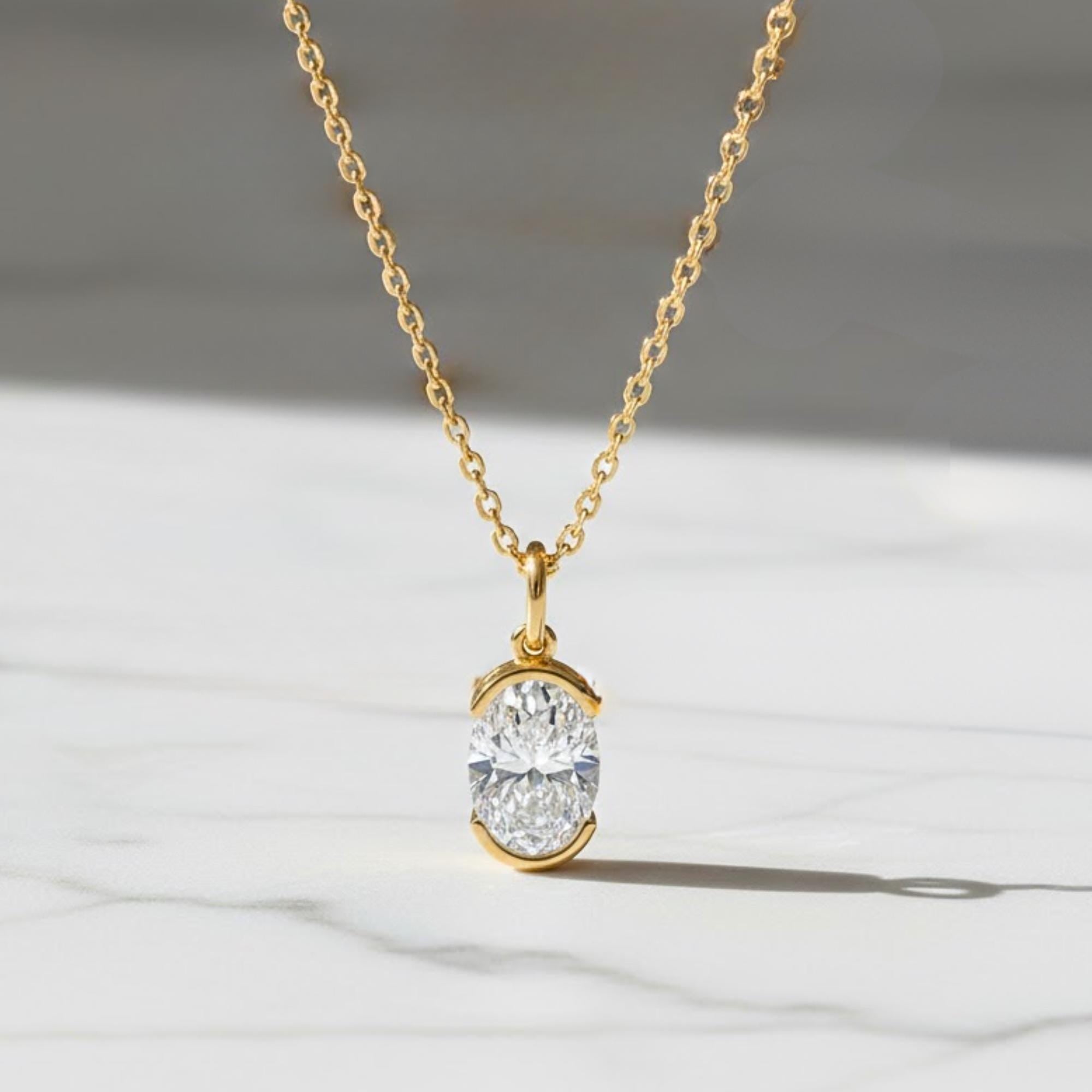Oval Moissanite Necklace Pendant 14K Gold, Half Bezel Set Diamond Charm, Minimalist Gold Pendant, Universal Bail Jewelry Gift