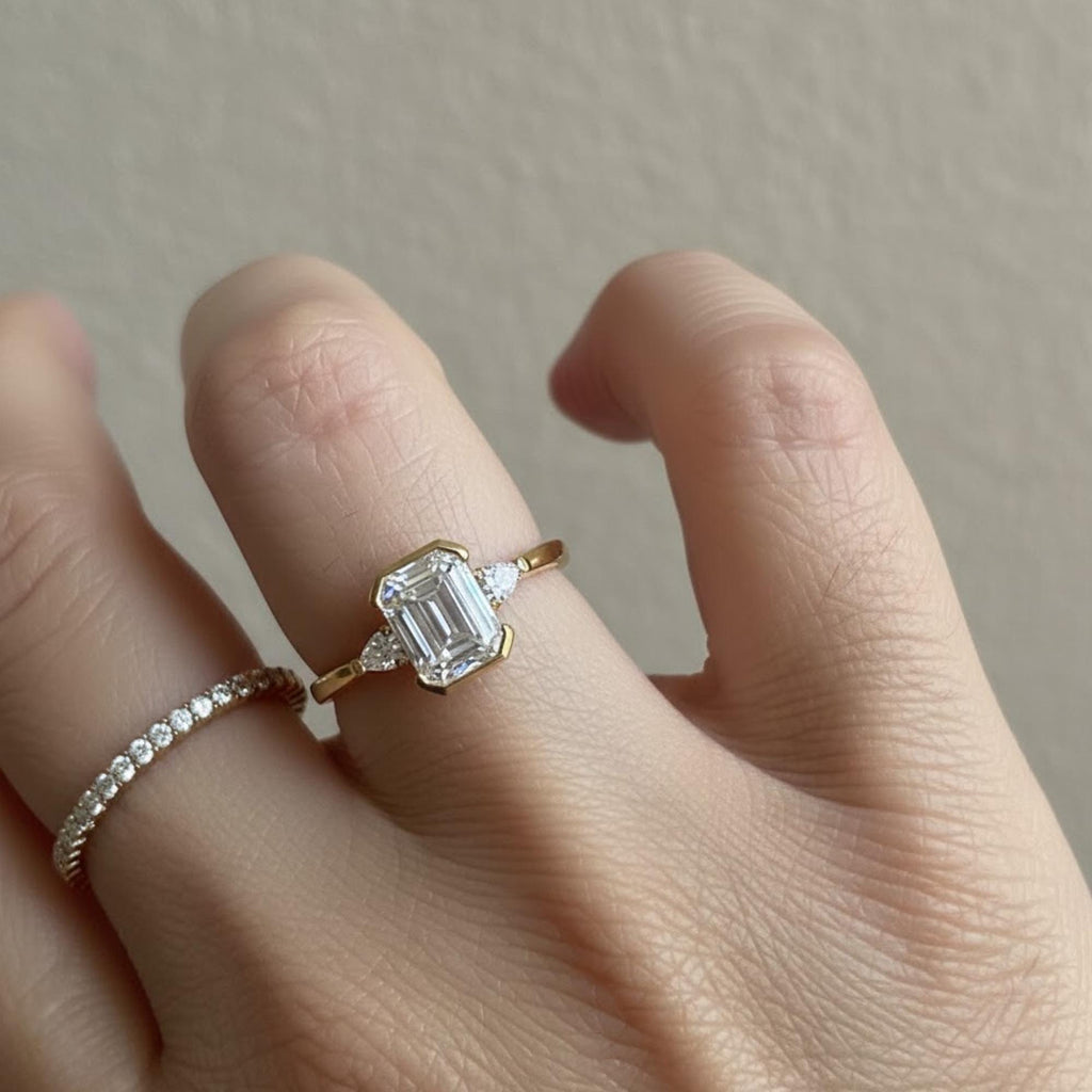2 CT Emerald Cut Moissanite Engagement Ring 10K Gold Ring Bezel Set Wedding Rings Three Stone Emerald Cut Ring Moissanite Bezel Set Ring