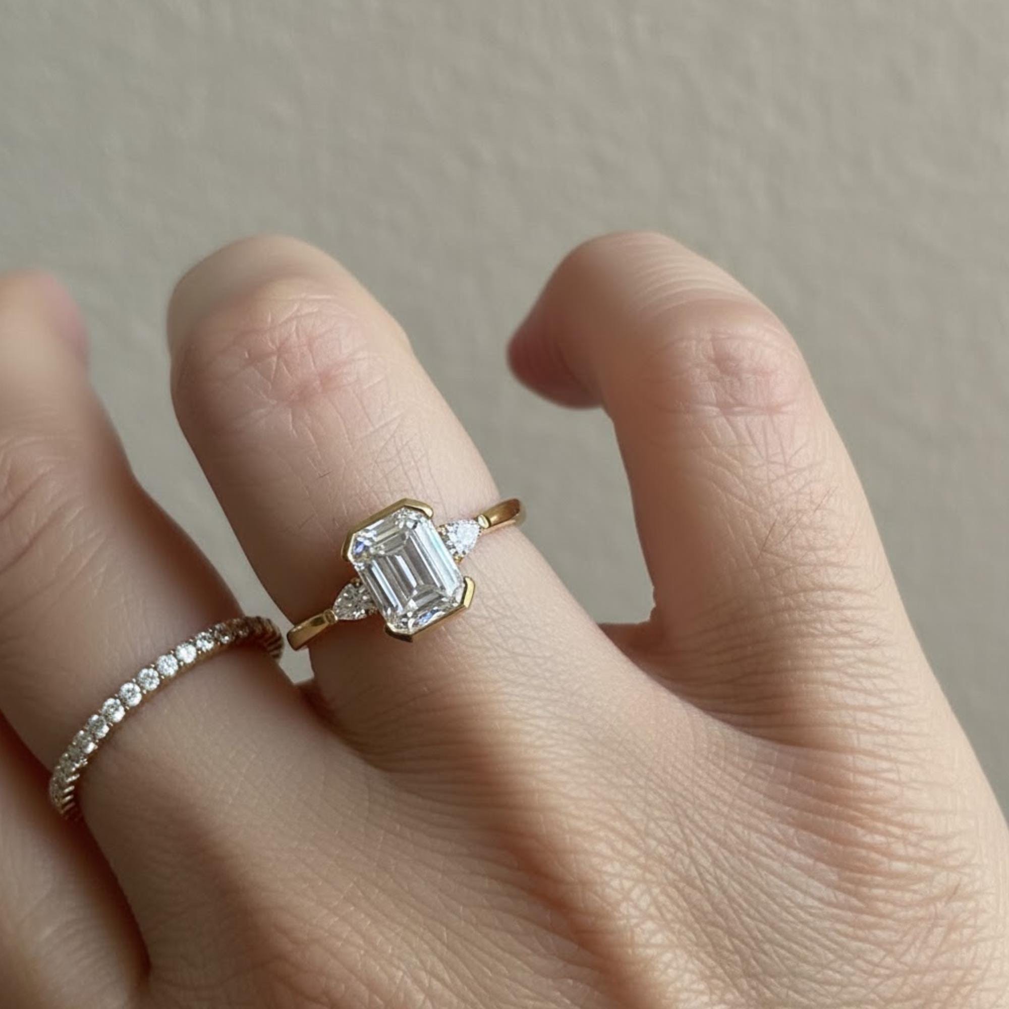 2 CT Emerald Cut Moissanite Engagement Ring 10K Gold Ring Bezel Set Wedding Rings Three Stone Emerald Cut Ring Moissanite Bezel Set Ring
