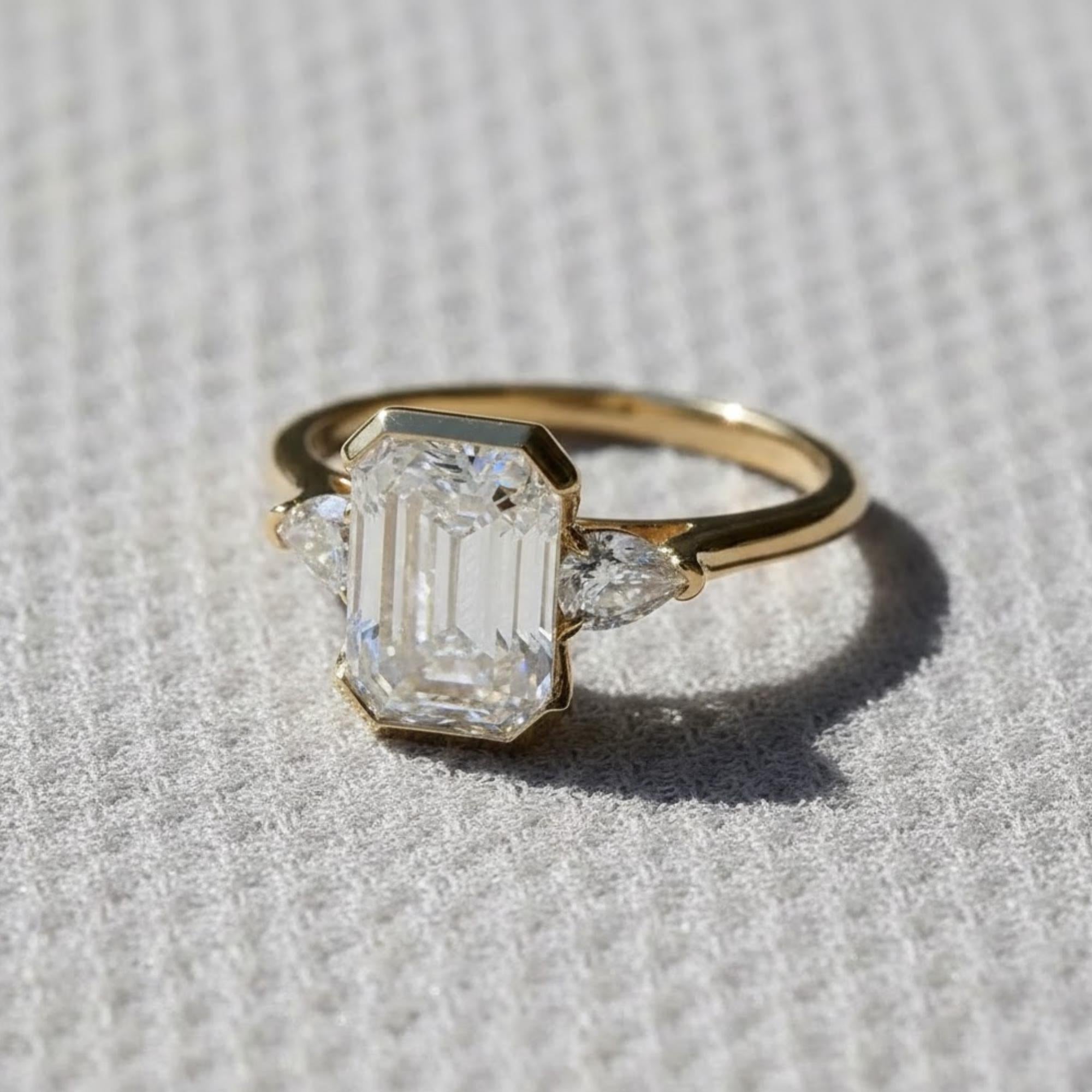2 CT Emerald Cut Moissanite Engagement Ring 10K Gold Ring Bezel Set Wedding Rings Three Stone Emerald Cut Ring Moissanite Bezel Set Ring