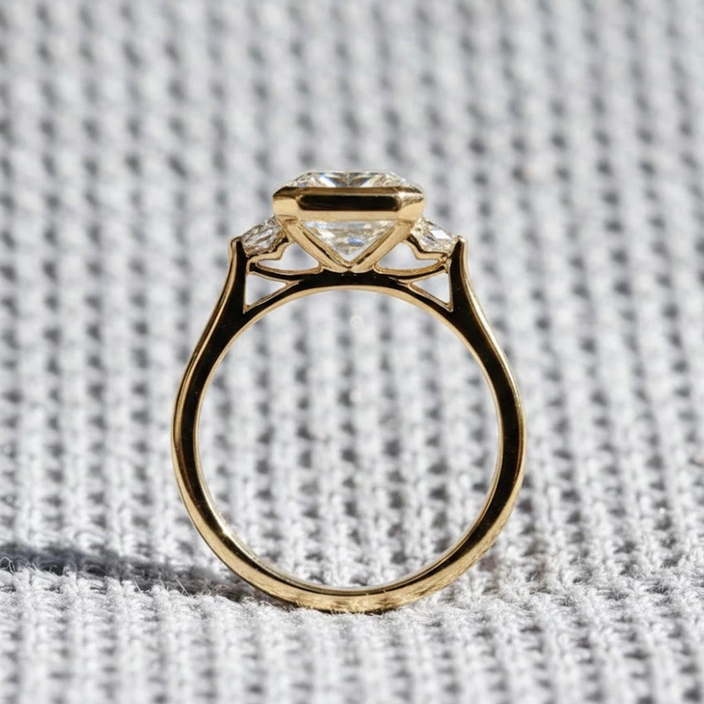 2 CT Emerald Cut Moissanite Engagement Ring 10K Gold Ring Bezel Set Wedding Rings Three Stone Emerald Cut Ring Moissanite Bezel Set Ring