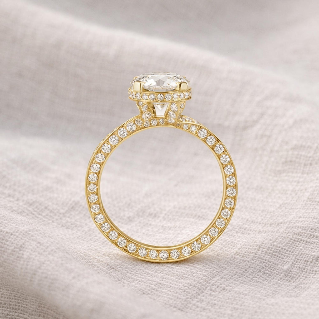 2 Carat Round Cut Moissanite Engagement Ring, Hidden Halo Ring, Yellow Gold Pave Band Ring, Solitaire Promise Ring for Women, Bridal Ring