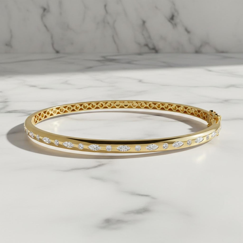 14K Yellow Gold Bracelet, Marquise Shaped and Round Moissanite Diamond Bangle Bracelet, 0.65ct D/VVS1 Moissanite Diamond, Birthday Gift