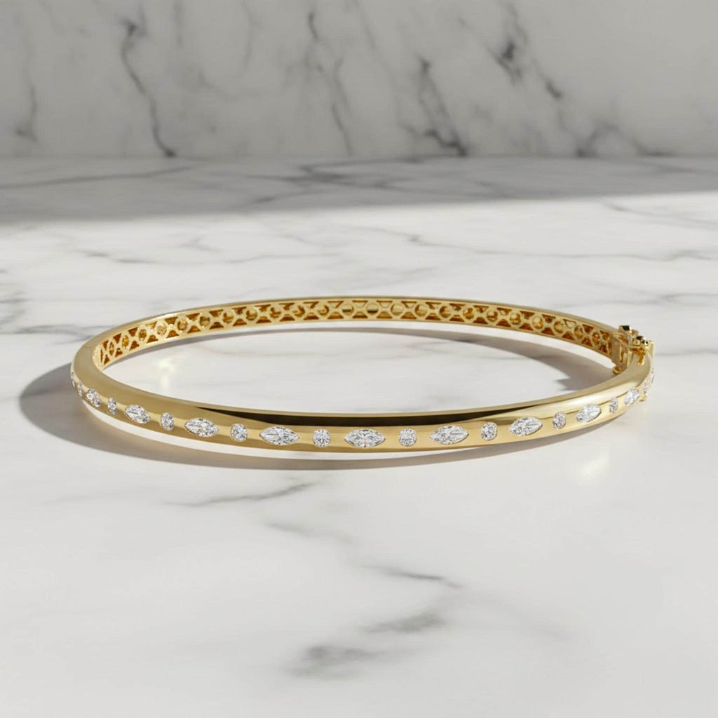 Yellow Gold Plated Bracelet, Marquise Shaped and Round Moissanite Diamond Bangle Bracelet, 0.65ct D/VVS1 Moissanite Diamond, Birthday Gift