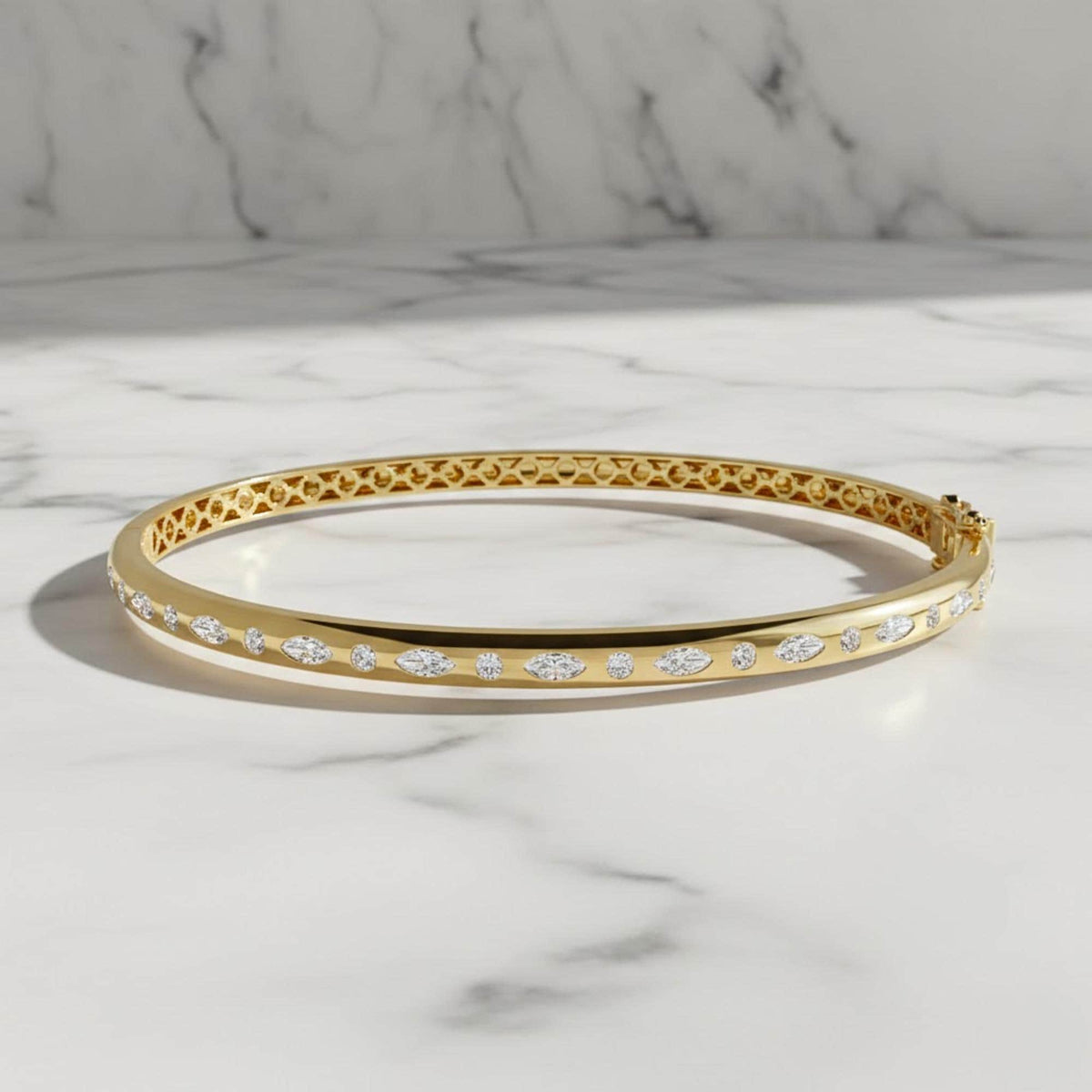 Yellow Gold Plated Bracelet, Marquise Shaped and Round Moissanite Diamond Bangle Bracelet, 0.65ct D/VVS1 Moissanite Diamond, Birthday Gift