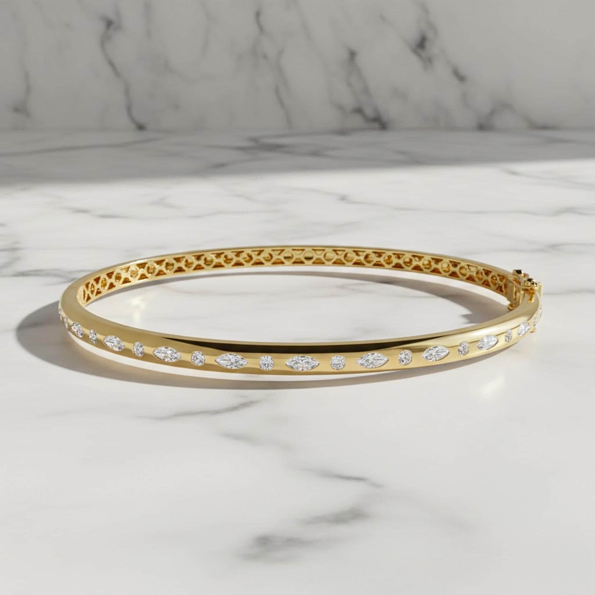 Yellow Gold Plated Bracelet, Marquise Shaped and Round Moissanite Diamond Bangle Bracelet, 0.65ct D/VVS1 Moissanite Diamond, Birthday Gift