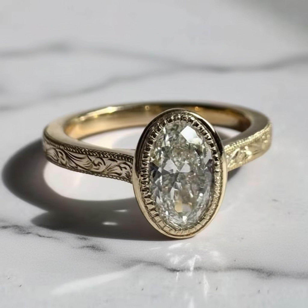 Bezel Set 2CT Oval Cut Moissanite Engagement Ring, Vintage Art Deco Silver Wedding Ring, Oval Moissanite Solitaire Ring, Milgrain Set Ring