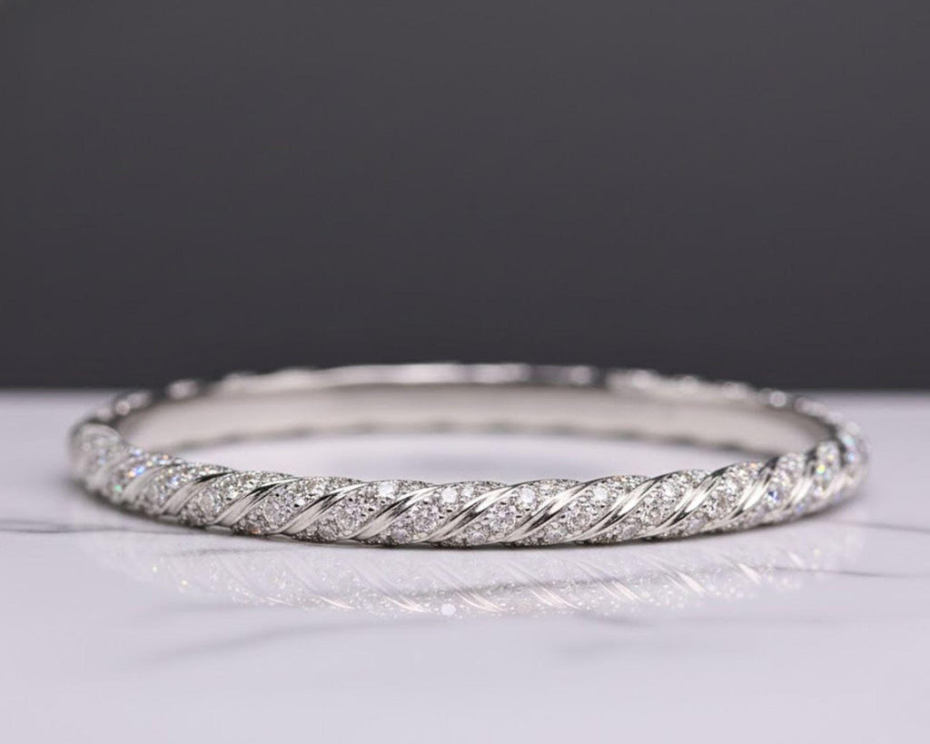 Moissanite Twisted Bangle Bracelet, 925 Silver Pavé Bracelet, Dainty Minimal Bracelet, Everyday Luxury Jewelry, Stackable Gift