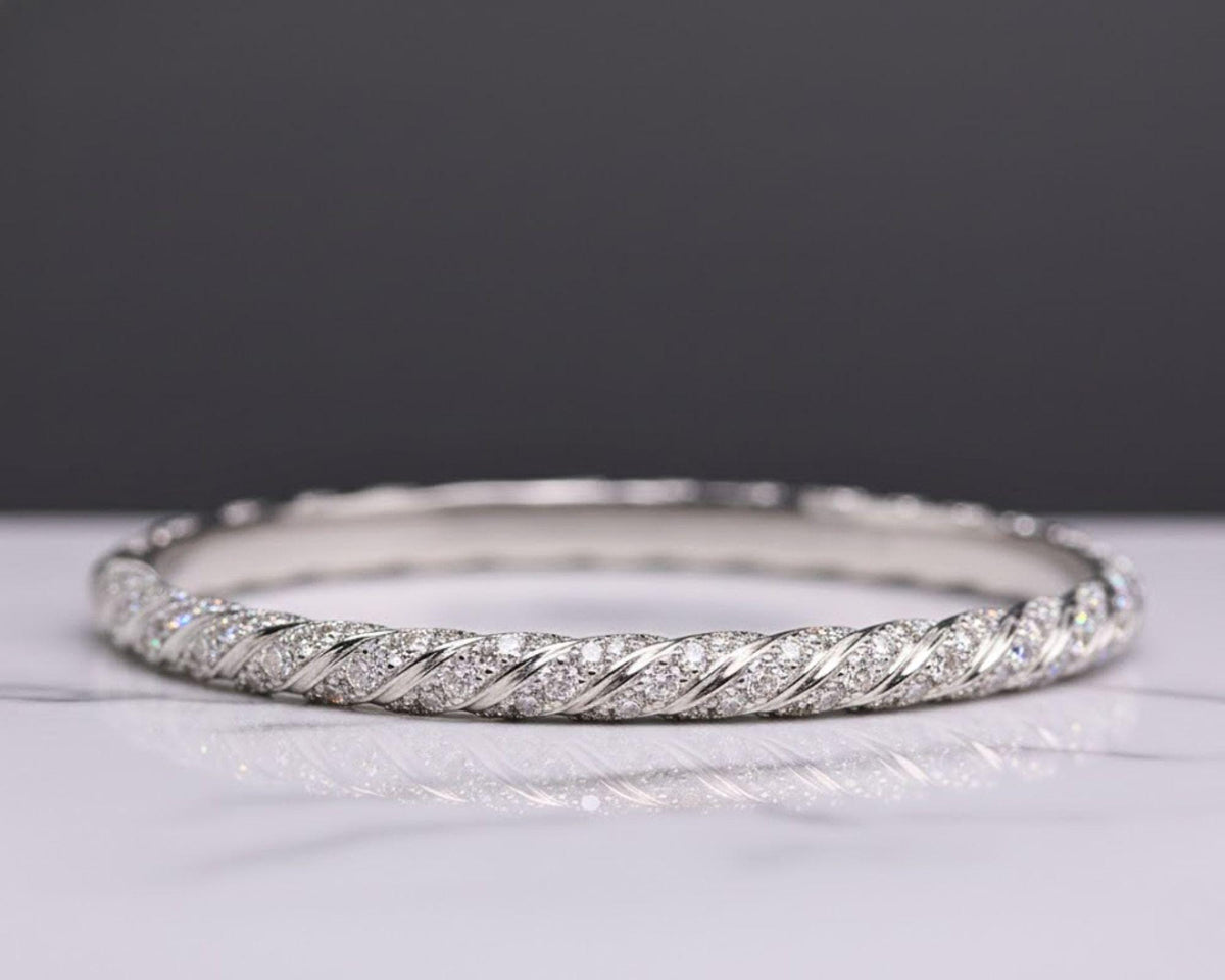 Moissanite Twisted Bangle Bracelet, 925 Silver Pavé Bracelet, Dainty Minimal Bracelet, Everyday Luxury Jewelry, Stackable Gift