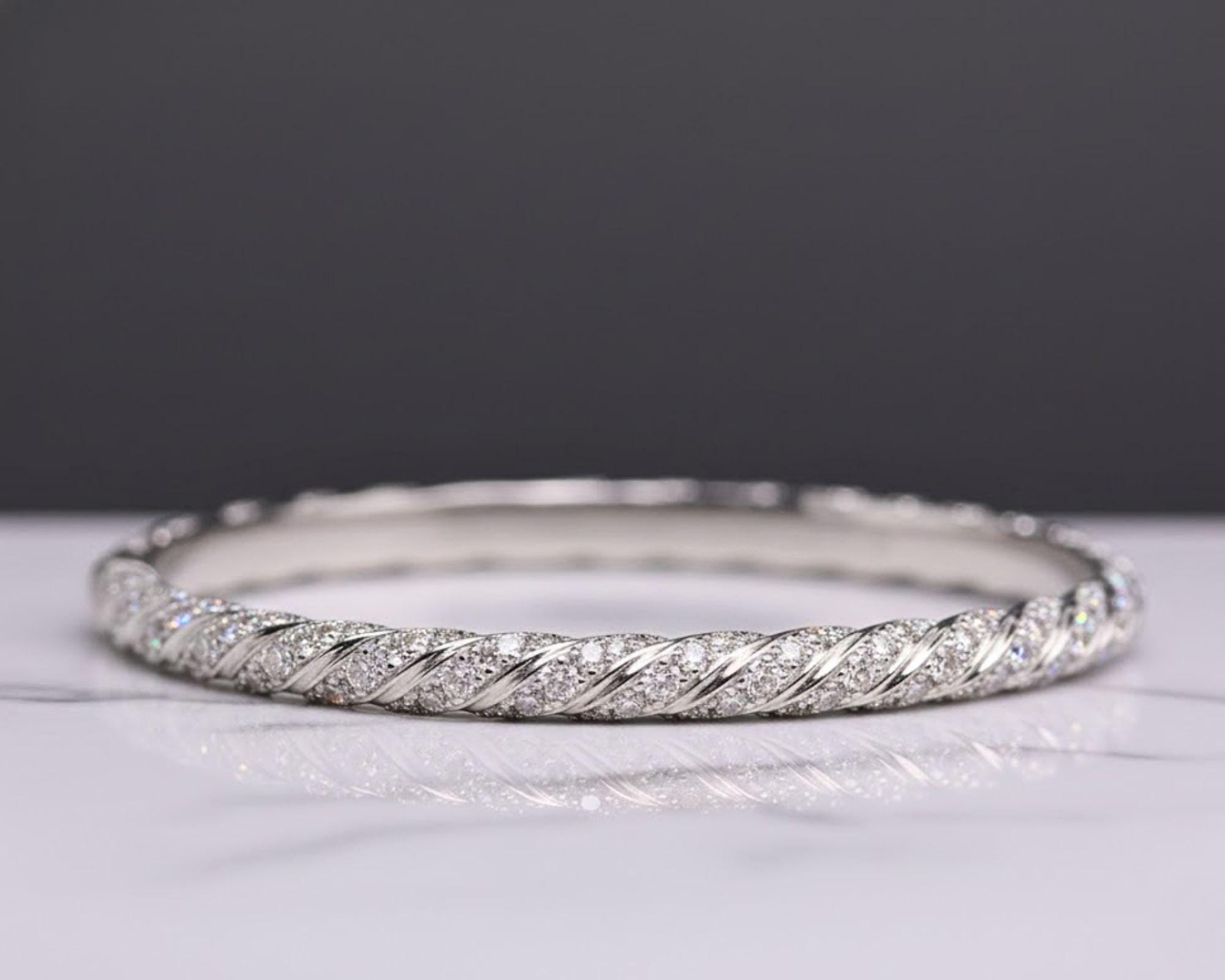 Moissanite Twisted Bangle Bracelet, 925 Silver Pavé Bracelet, Dainty Minimal Bracelet, Everyday Luxury Jewelry, Stackable Gift