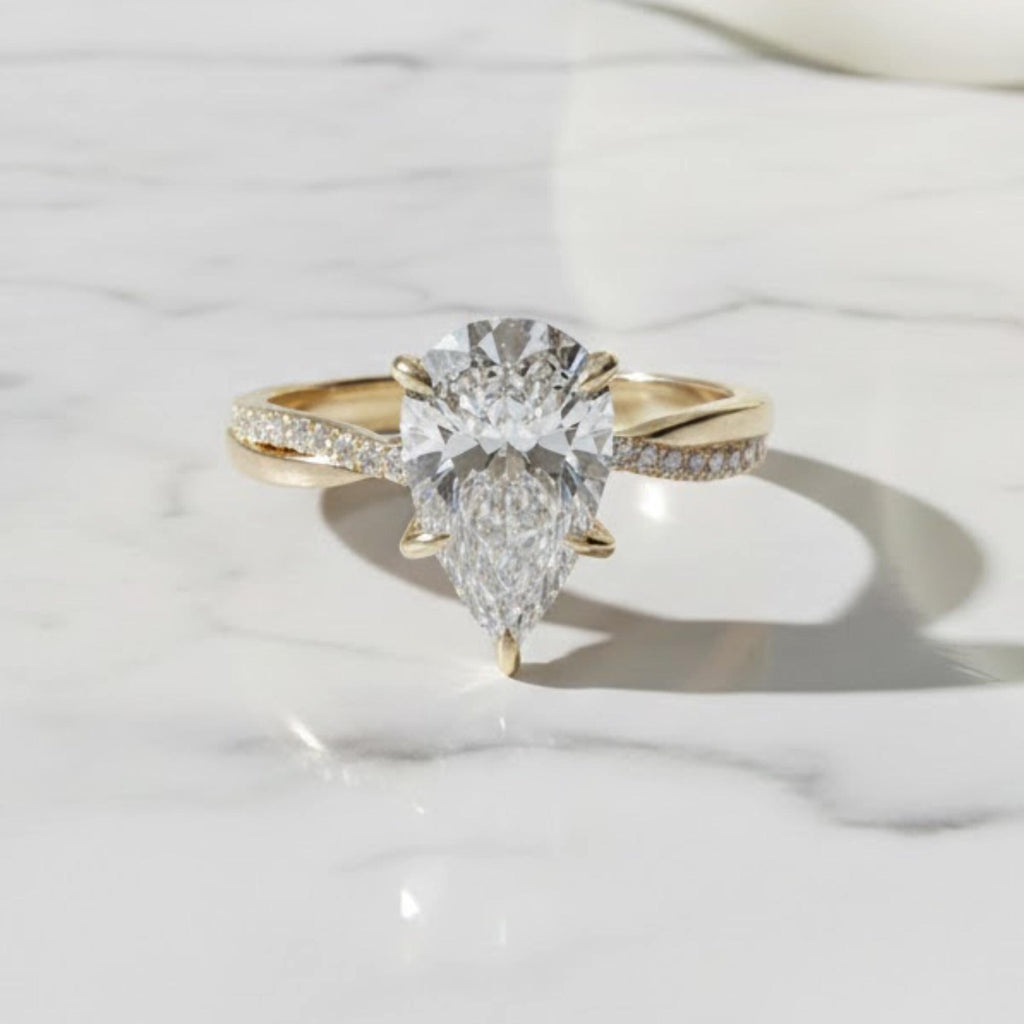 Twisted Pear Cut Moissanite Engagement Ring / 2.50 CT Ring with Pave Set Side Stones / 14K Gold Infinity Ring for Women