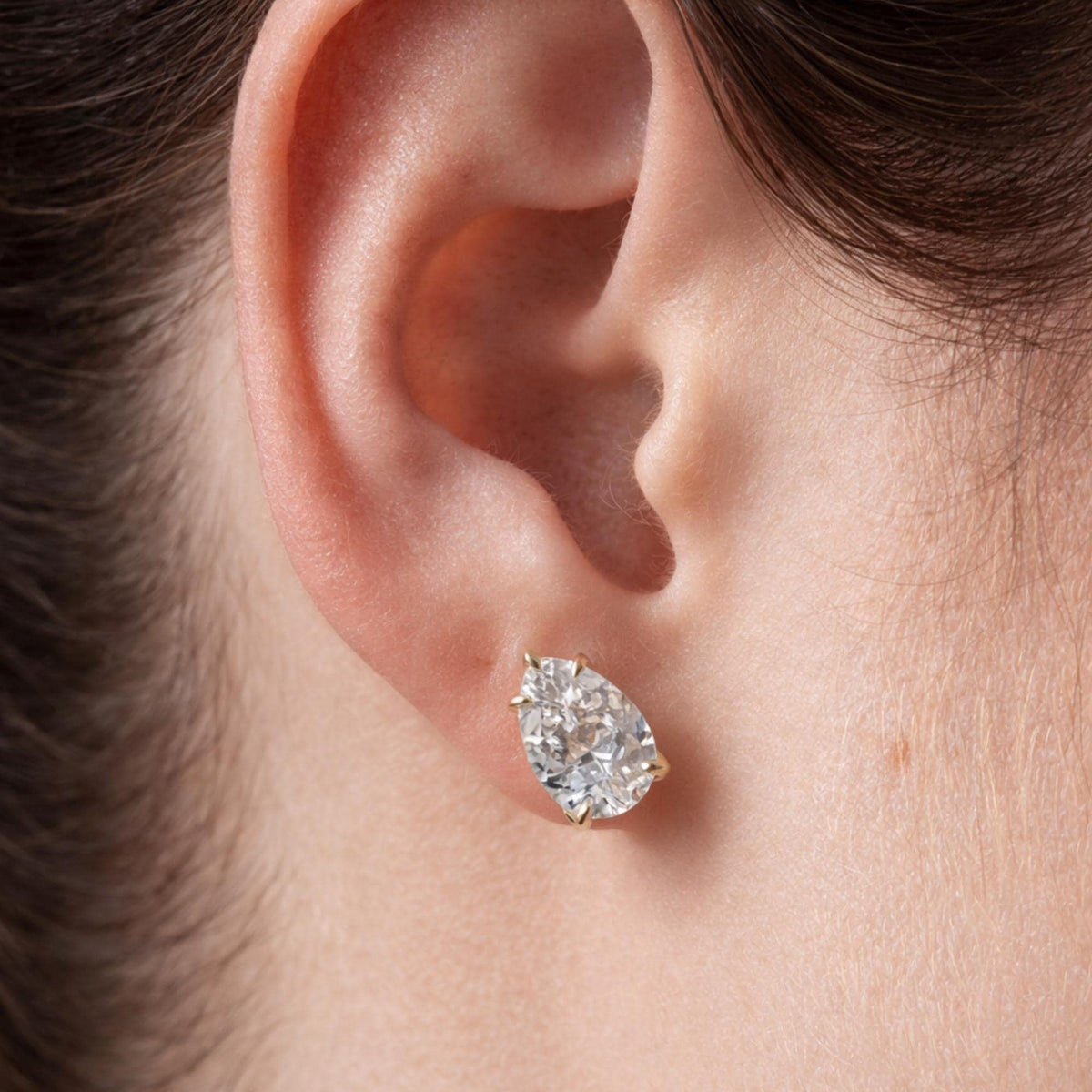 5 Carat Pear Cut Moissanite Diamond Stud Earrings: 14K Yellow Gold