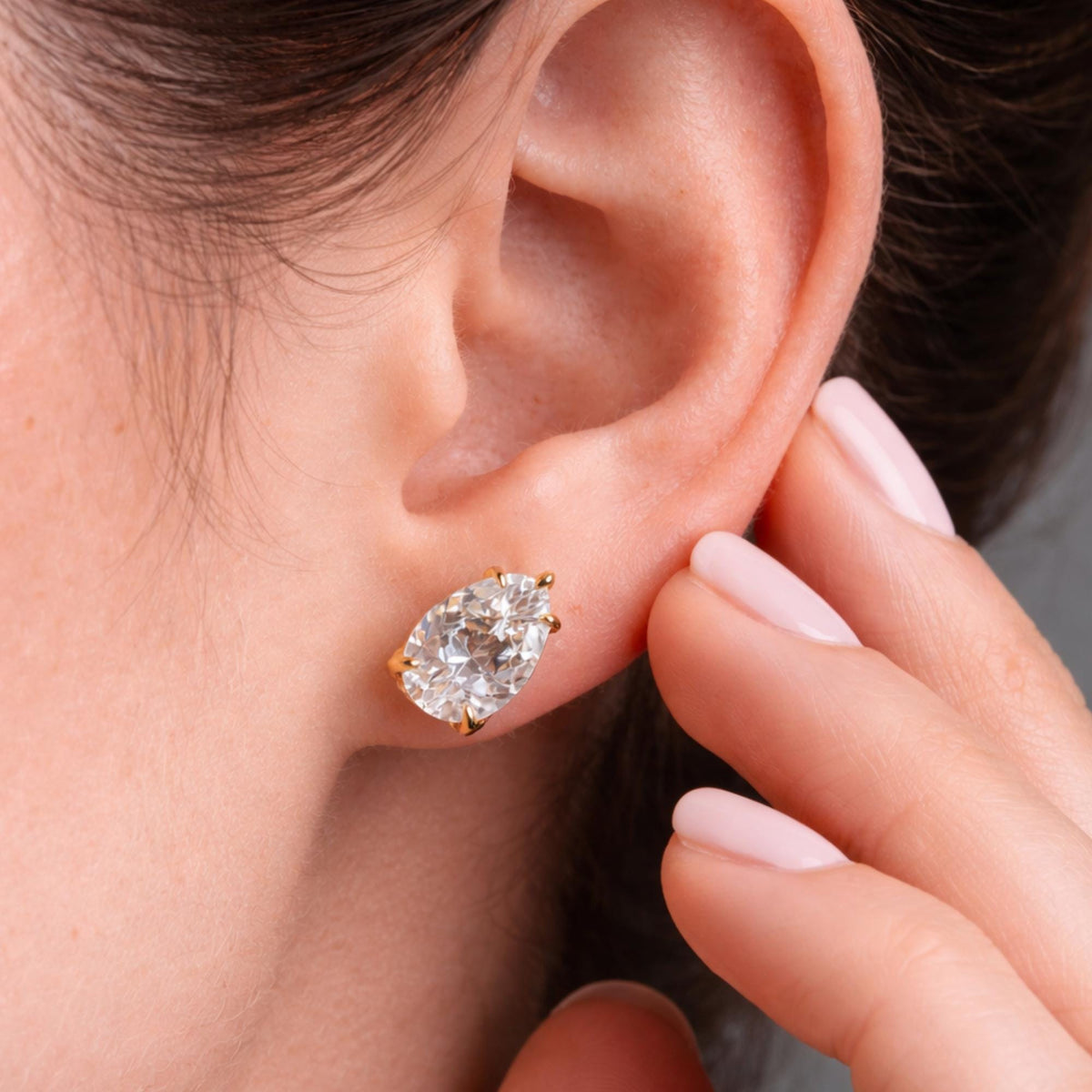 5 Carat Pear Cut Moissanite Diamond Stud Earrings: 14K Yellow Gold