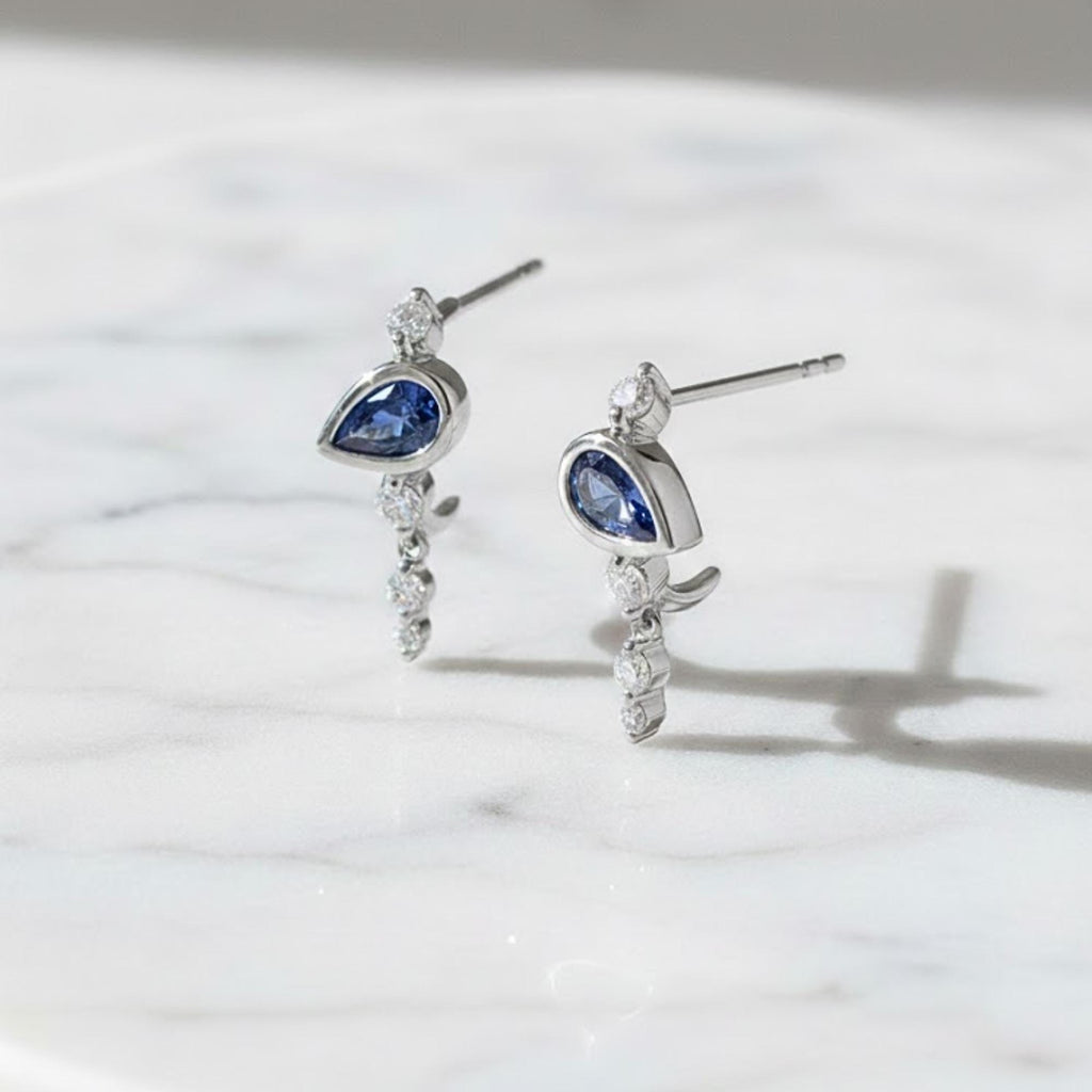 Blue Sapphire Earrings, Pear Sapphire Stud Earrings, Gold Dangle Earrings, Minimalist Bridal Earrings, September Birthstone Jewelry