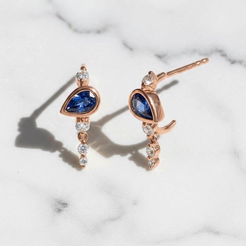 Blue Sapphire Earrings, Pear Sapphire Stud Earrings, Gold Dangle Earrings, Minimalist Bridal Earrings, September Birthstone Jewelry