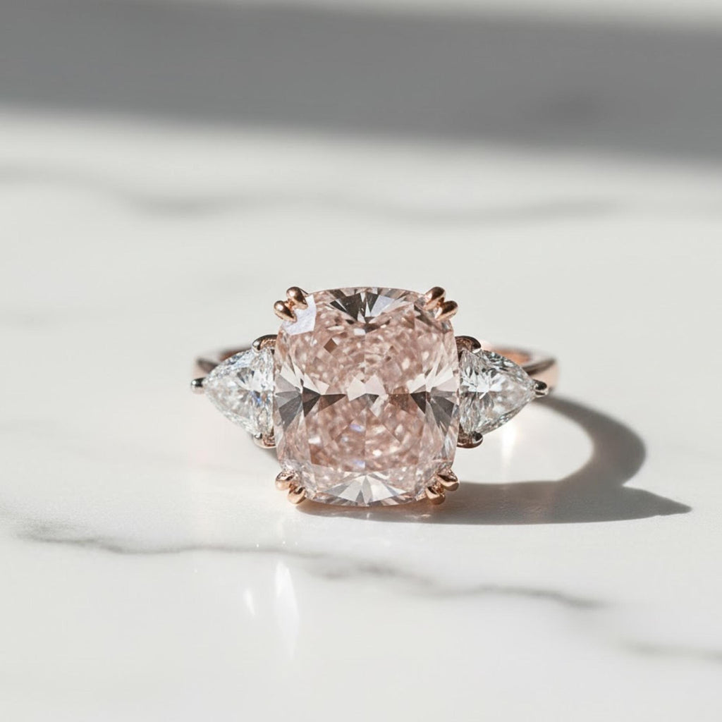 5.5 ct Pink Sapphire Engagement Ring | 14k Gold Cushion cut Moissanite Ring | Three Stone Wedding Anniversary Ring