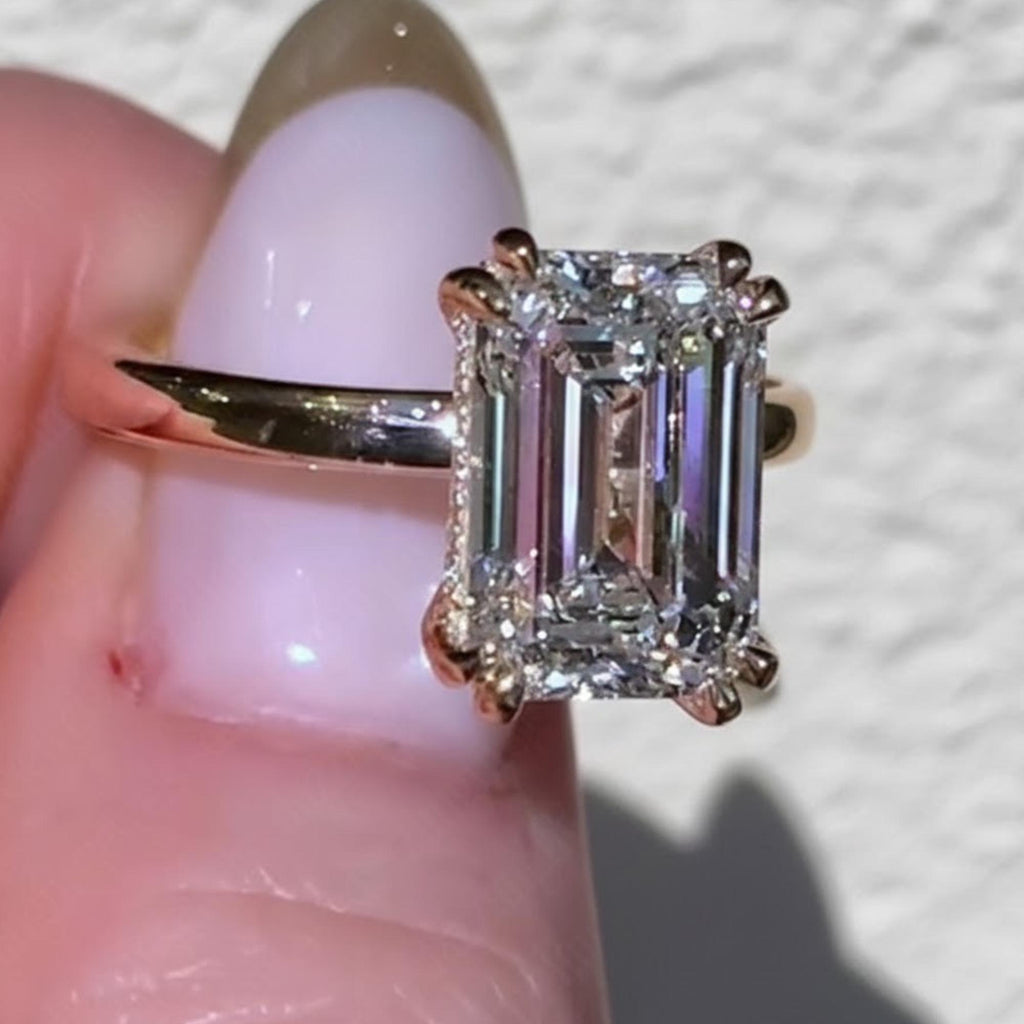 2.5 Carat Emerald Cut Engagement Ring, Emerald Cut Hidden Halo Engagement Ring, Moissanite Engagement Rings, Diamond Wedding Ring For Women