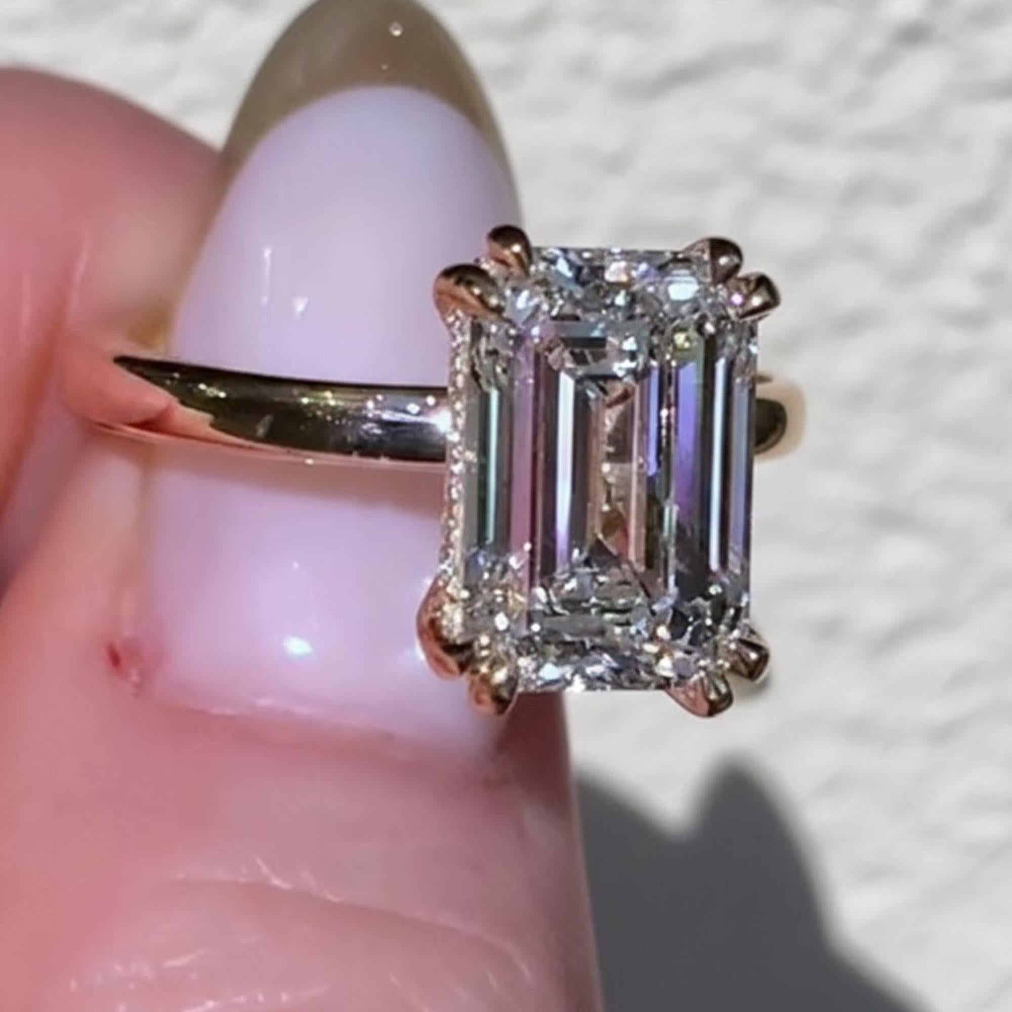 2.5 Carat Emerald Cut Engagement Ring, Emerald Cut Hidden Halo Engagement Ring, Moissanite Engagement Rings, Diamond Wedding Ring For Women