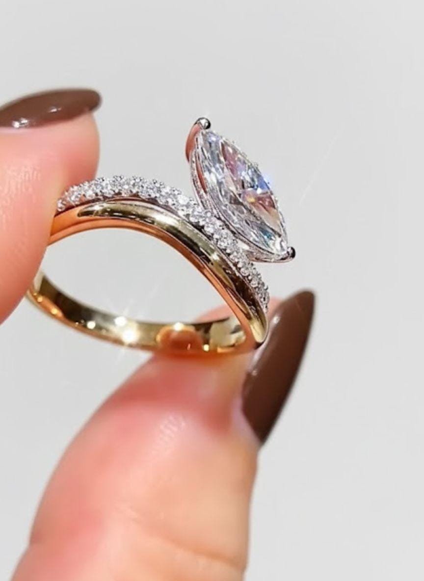 1.00ct Marquise Cut Moissanite Engagement Ring, Curved Pave Band Ring, Unique Ring, Promise Ring, Minimalist Bridal Jewelry