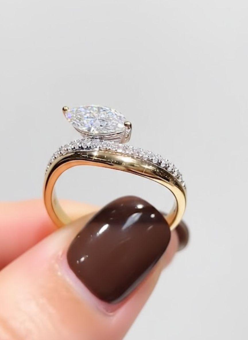 1.00ct Marquise Cut Moissanite Engagement Ring, Curved Pave Band Ring, Unique Ring, Promise Ring, Minimalist Bridal Jewelry