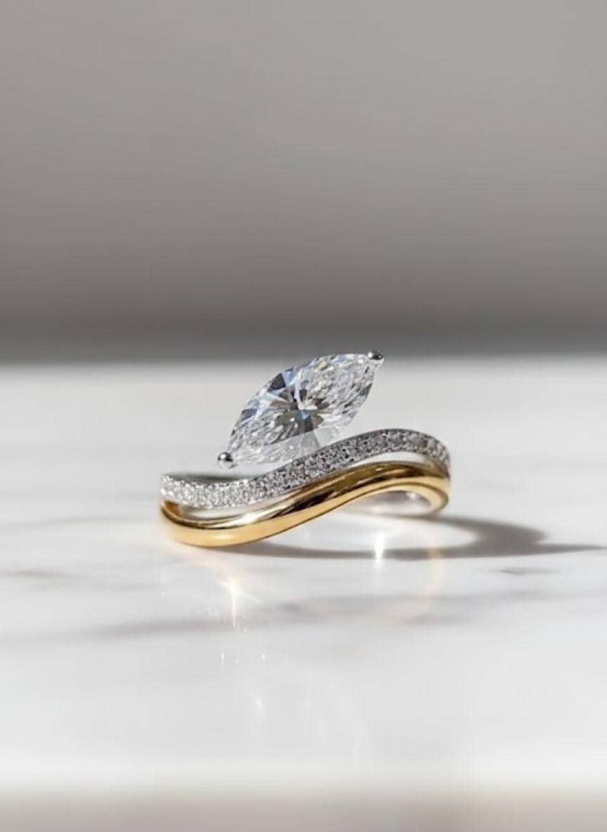 1.00ct Marquise Cut Moissanite Engagement Ring, Curved Pave Band Ring, Unique Ring, Promise Ring, Minimalist Bridal Jewelry