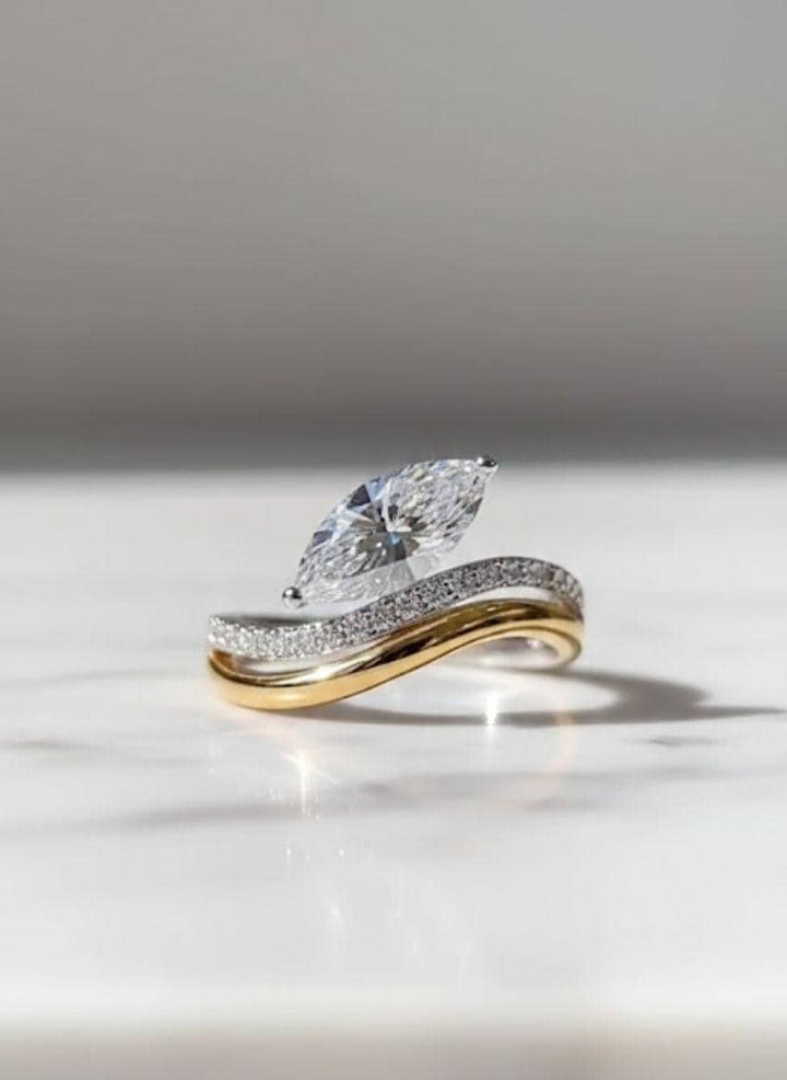 1.00ct Marquise Cut Moissanite Engagement Ring, Curved Pave Band Ring, Unique Ring, Promise Ring, Minimalist Bridal Jewelry