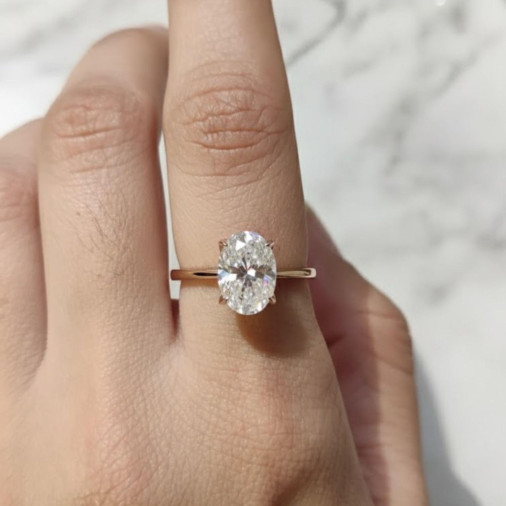 Vintage Tulip Setting Hidden Halo Oval Moissanite Engagement Ring with Cathedral Set in 14k Yellow Gold Plain Band, Solitaire Diamond Ring