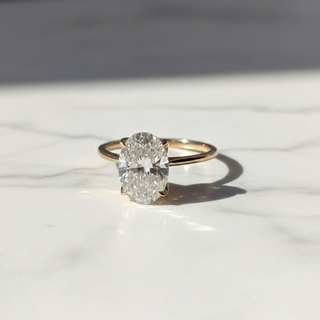 Vintage Tulip Setting Hidden Halo Oval Moissanite Engagement Ring with Cathedral Set in 14k Yellow Gold Plain Band, Solitaire Diamond Ring