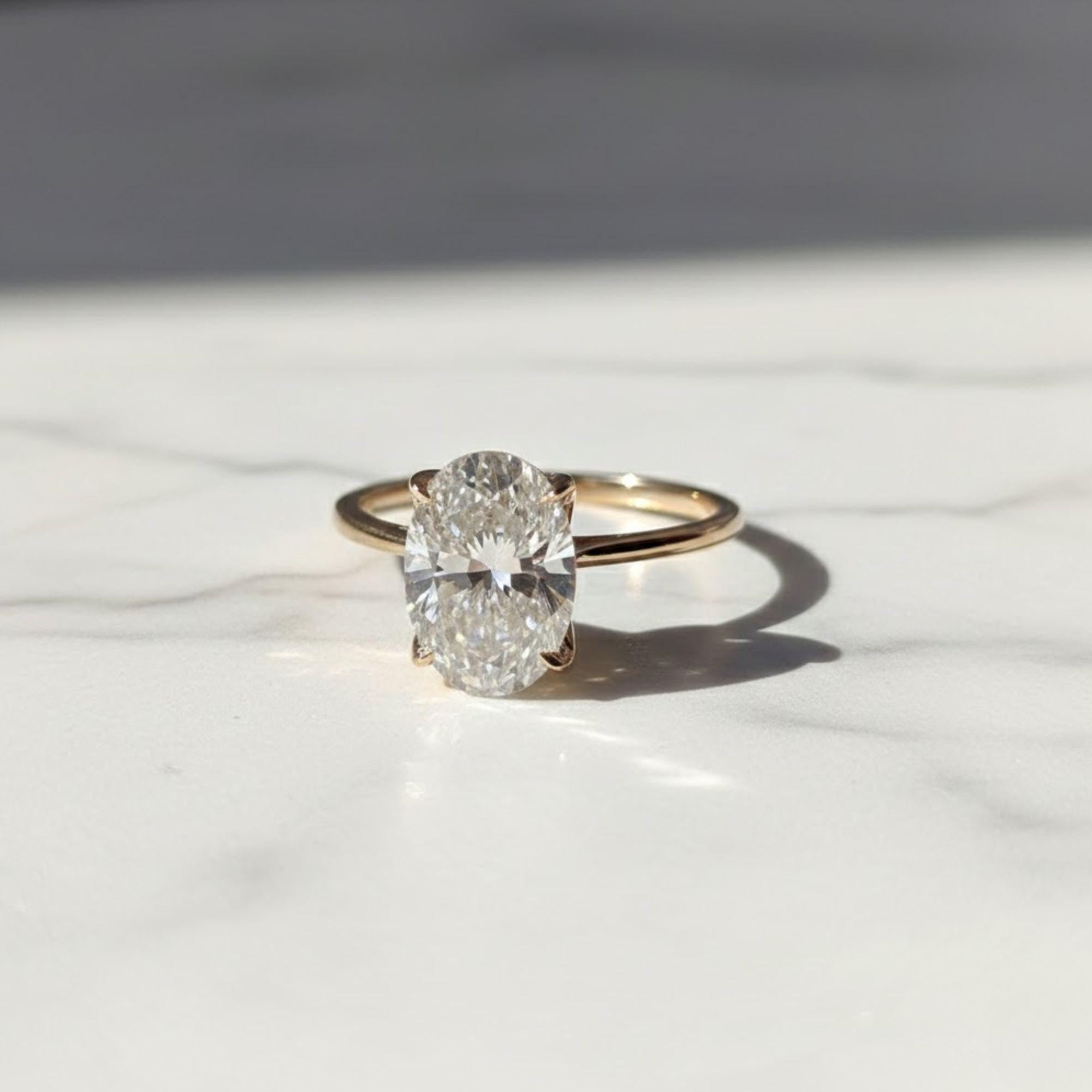 Vintage Tulip Setting Hidden Halo Oval Moissanite Engagement Ring with Cathedral Set in 14k Yellow Gold Plain Band, Solitaire Diamond Ring
