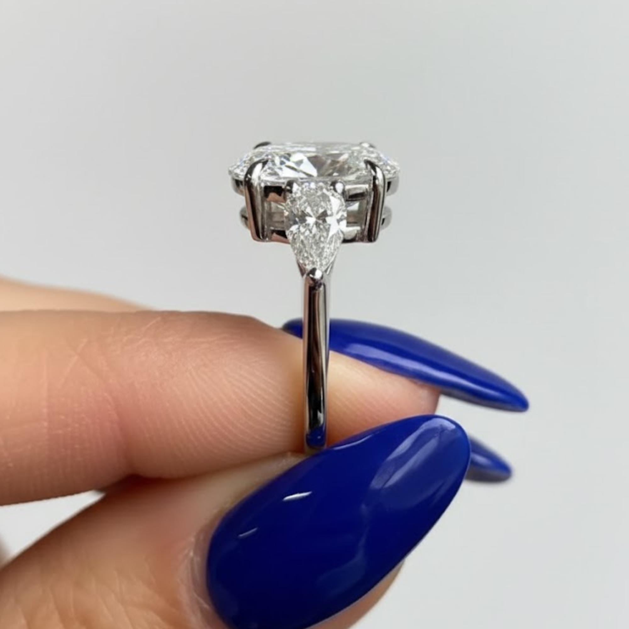 4ct Oval Cut Moissanite Ring, Petite Three Stone Engagement Ring, 14K Solid Gold Dainty Minimalist Jewelry, Pear Side Stone Promise Ring