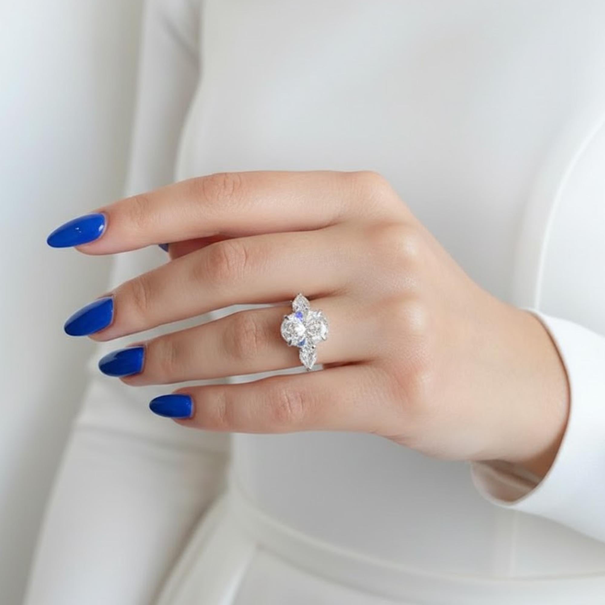 4ct Oval Cut Moissanite Ring, Petite Three Stone Engagement Ring, 14K Solid Gold Dainty Minimalist Jewelry, Pear Side Stone Promise Ring