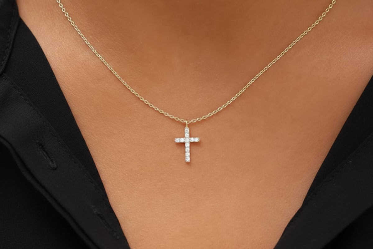 14k Gold Moissanite Cross Pendant Necklace, Religious Jewelry