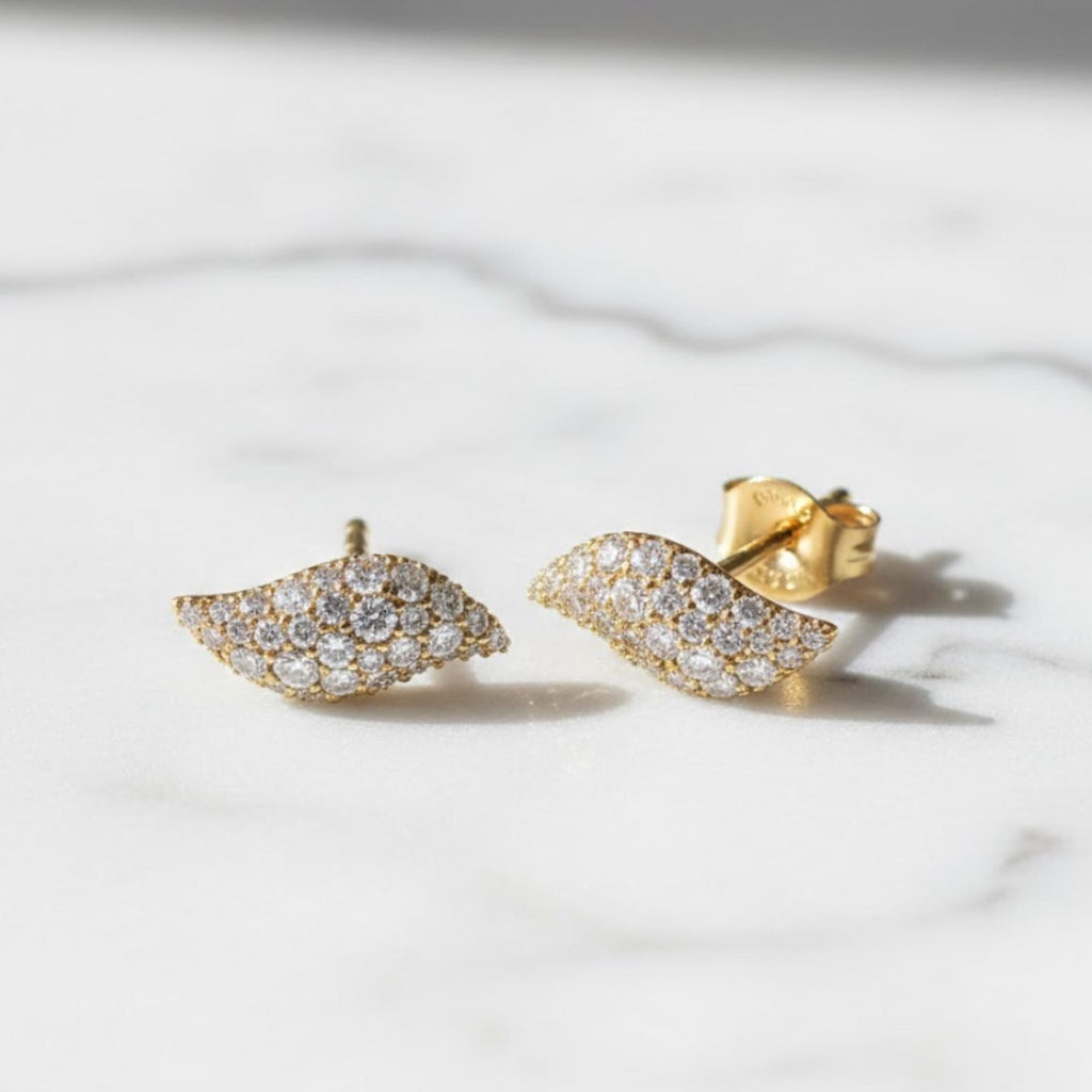 Marquise Leaf Moissanite Stud Earrings | Pavé Set 14K Gold Earrings | VVS Diamond Studs | Bridal Earrings | Gift for Her | Screw Back
