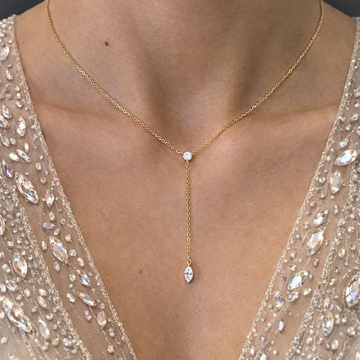 Marquise Moissanite Y Necklace in Sterling Silver | Dainty Lariat Drop Necklace for Women | Minimal Silver Drop Necklace | Gift for Her