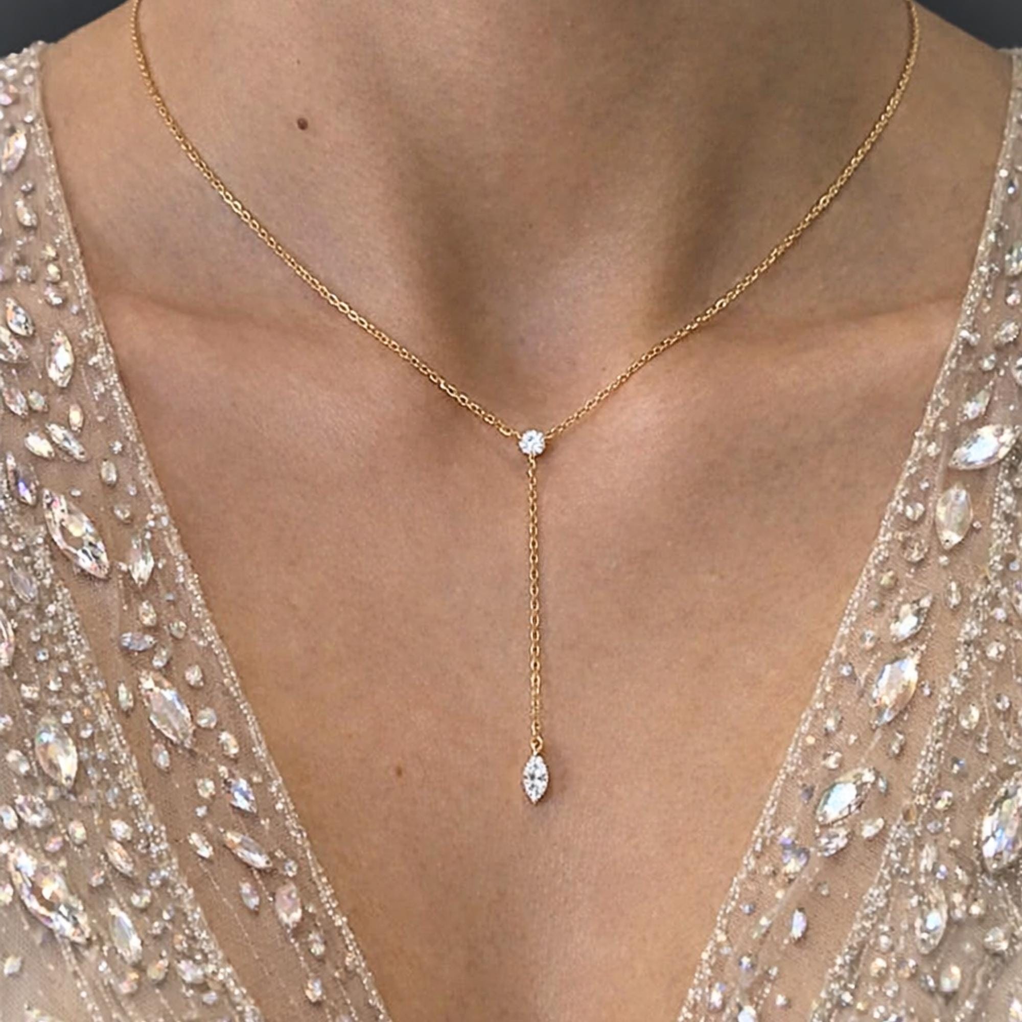 Marquise Moissanite Y Necklace in Sterling Silver | Dainty Lariat Drop Necklace for Women | Minimal Silver Drop Necklace | Gift for Her