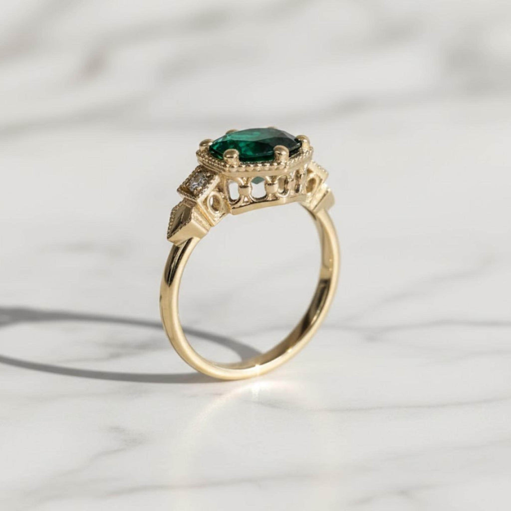 Emerald ring vintage emerald engagement ring 14k yellow gold ring gift unique antique wedding promise anniversary ring for her birthstone