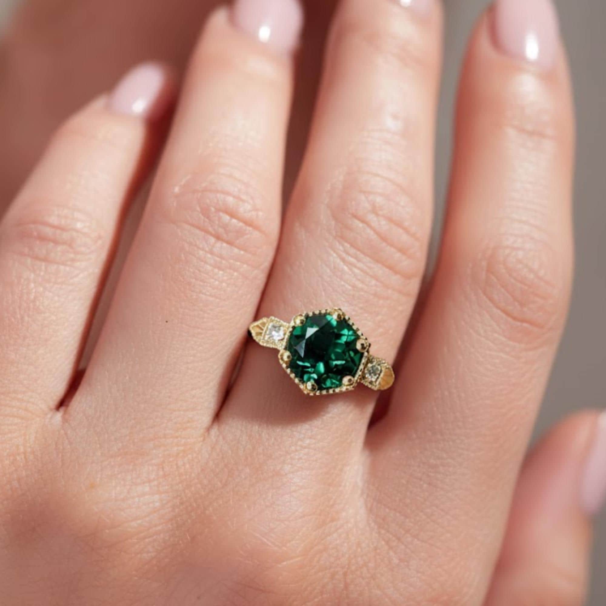 Emerald ring vintage emerald engagement ring 14k yellow gold ring gift unique antique wedding promise anniversary ring for her birthstone