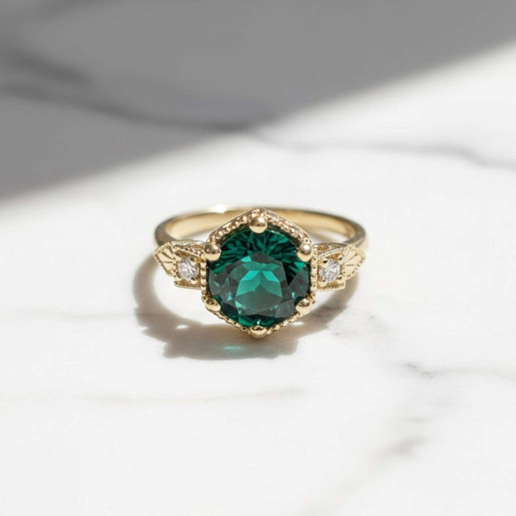 Emerald ring vintage emerald engagement ring 14k yellow gold ring gift unique antique wedding promise anniversary ring for her birthstone