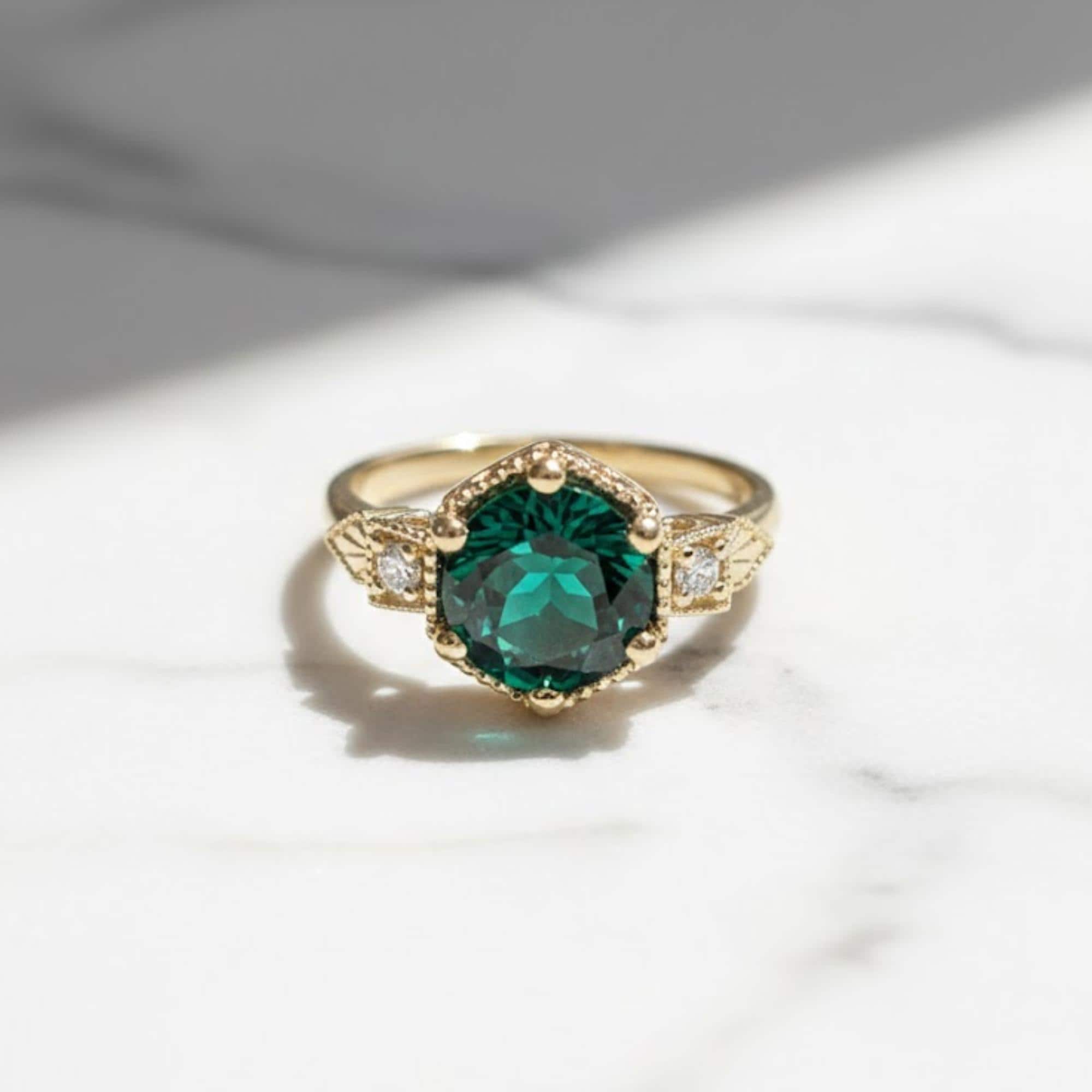 Emerald ring vintage emerald engagement ring 14k yellow gold ring gift unique antique wedding promise anniversary ring for her birthstone