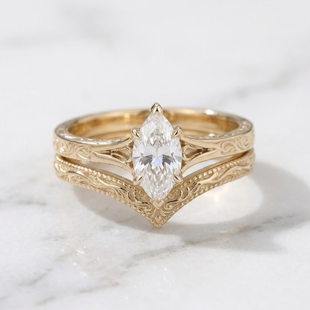 Unique Flat Wings Marquise Cut 1CT Moissanite Engagement Ring Set, Anniversary Promise Ring Set, Antique Engraved Band Bridal Ring Set