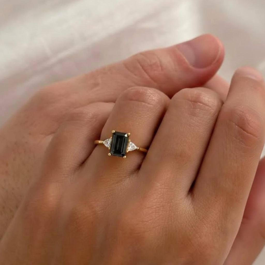 3 Stone Emerald Moissanite Engagement Ring Two Stone Trillion Cut Moissanite Anniversary Ring 14k Solid Gold Trilogy Ring for Women