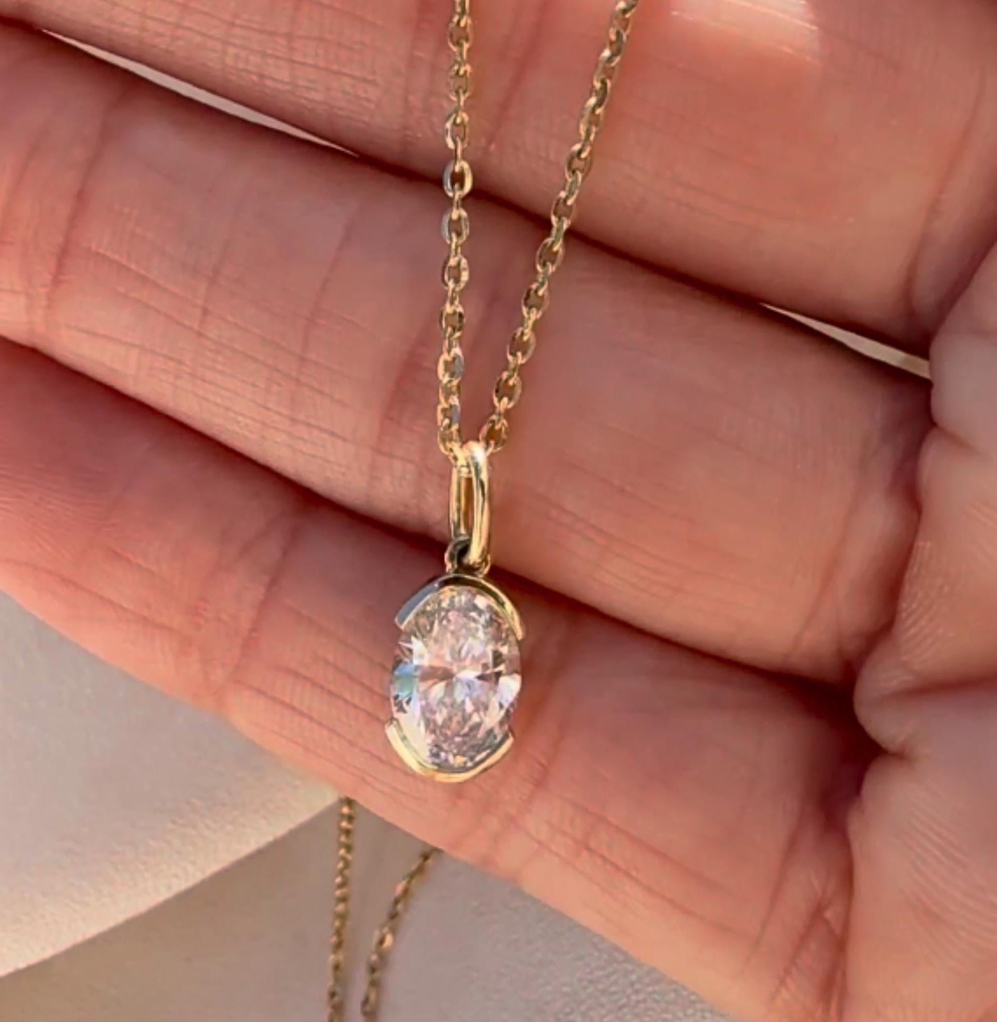 Oval Moissanite Necklace Pendant 14K Gold, Half Bezel Set Diamond Charm, Minimalist Gold Pendant, Universal Bail Jewelry Gift