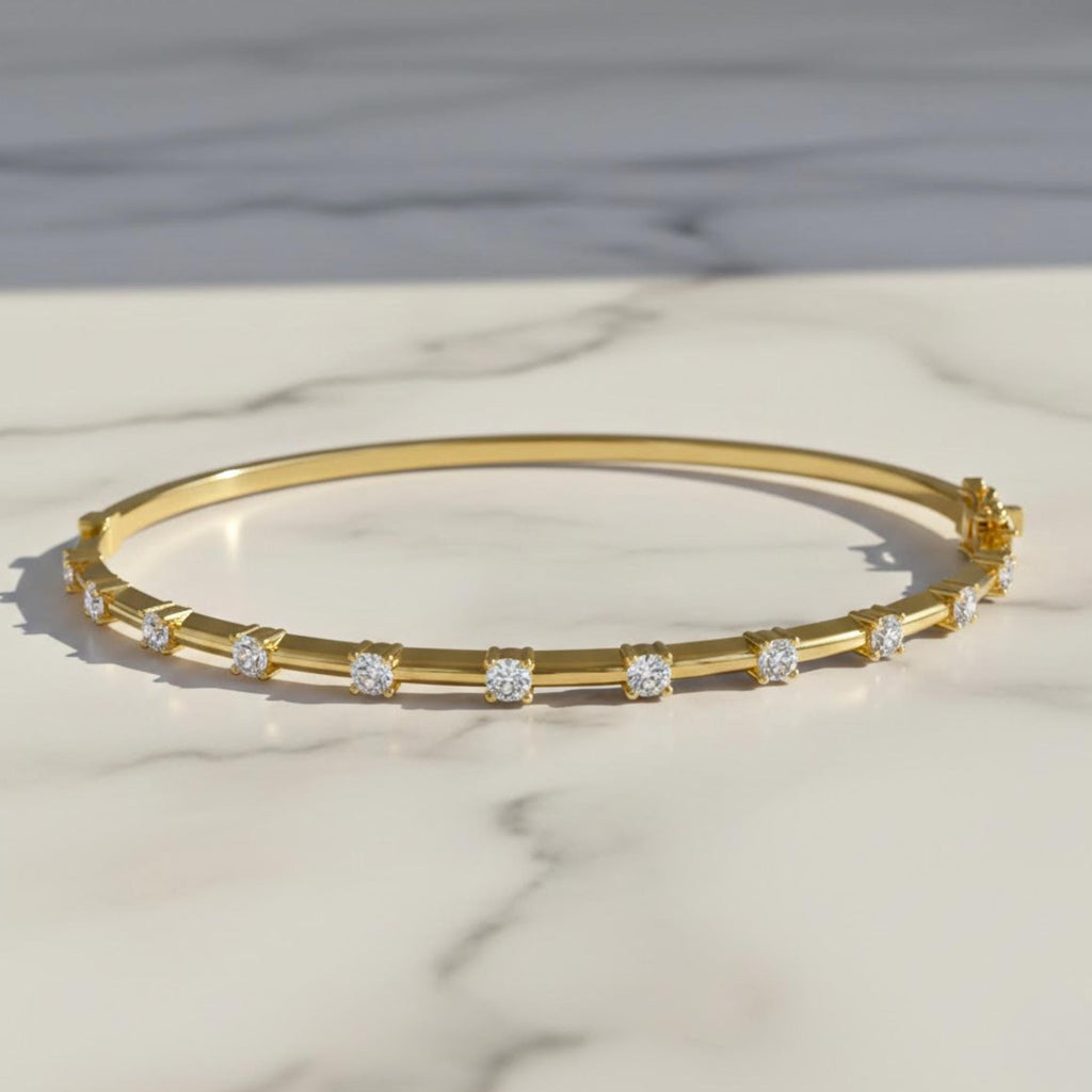 Round Diamond Station Bangle Bracelet 10k 14k Real Gold Moissanite Diamond Cuff Bracelet 925 Minimalist Everyday Stacking Bracelet