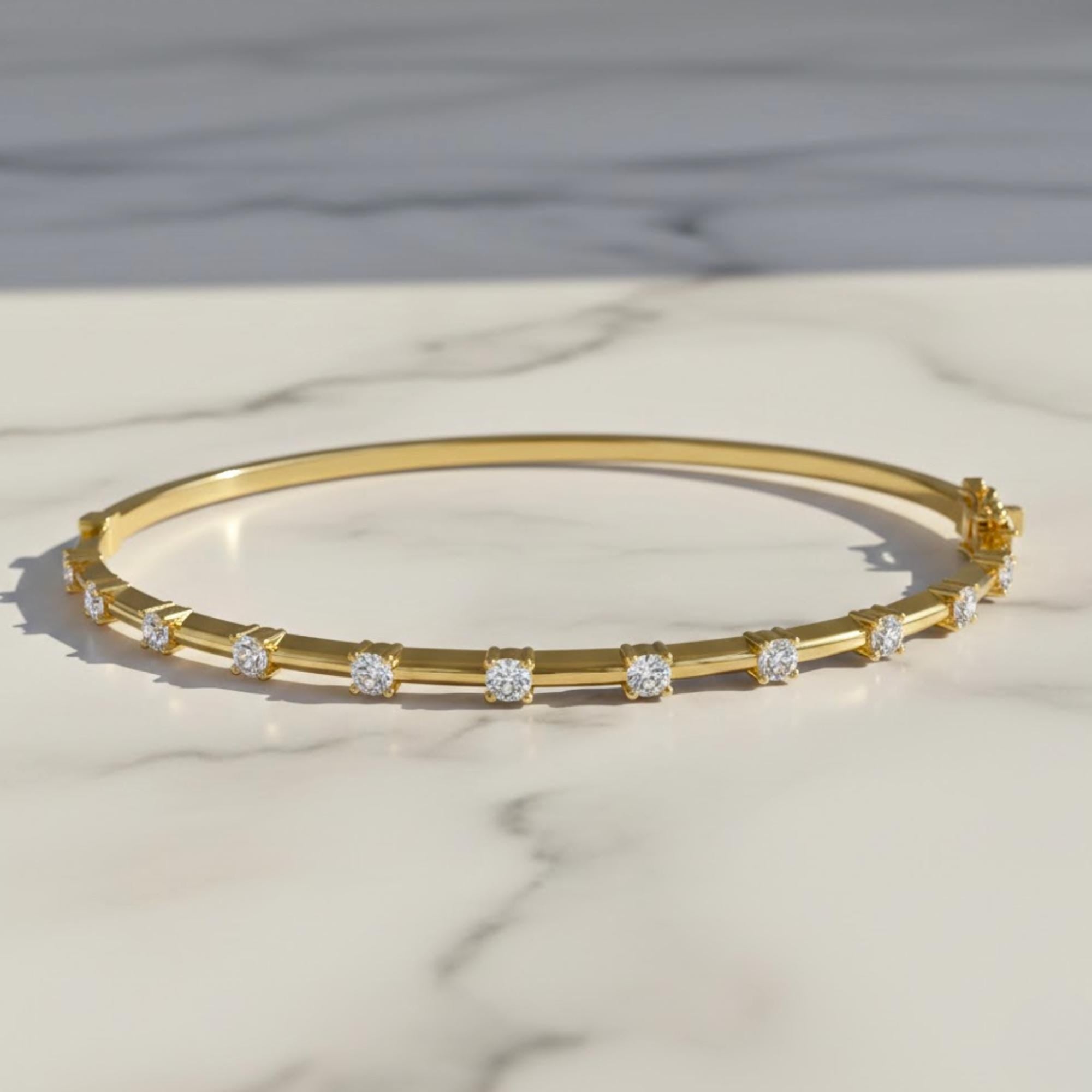 Round Diamond Station Bangle Bracelet 10k 14k Real Gold Moissanite Diamond Cuff Bracelet 925 Minimalist Everyday Stacking Bracelet
