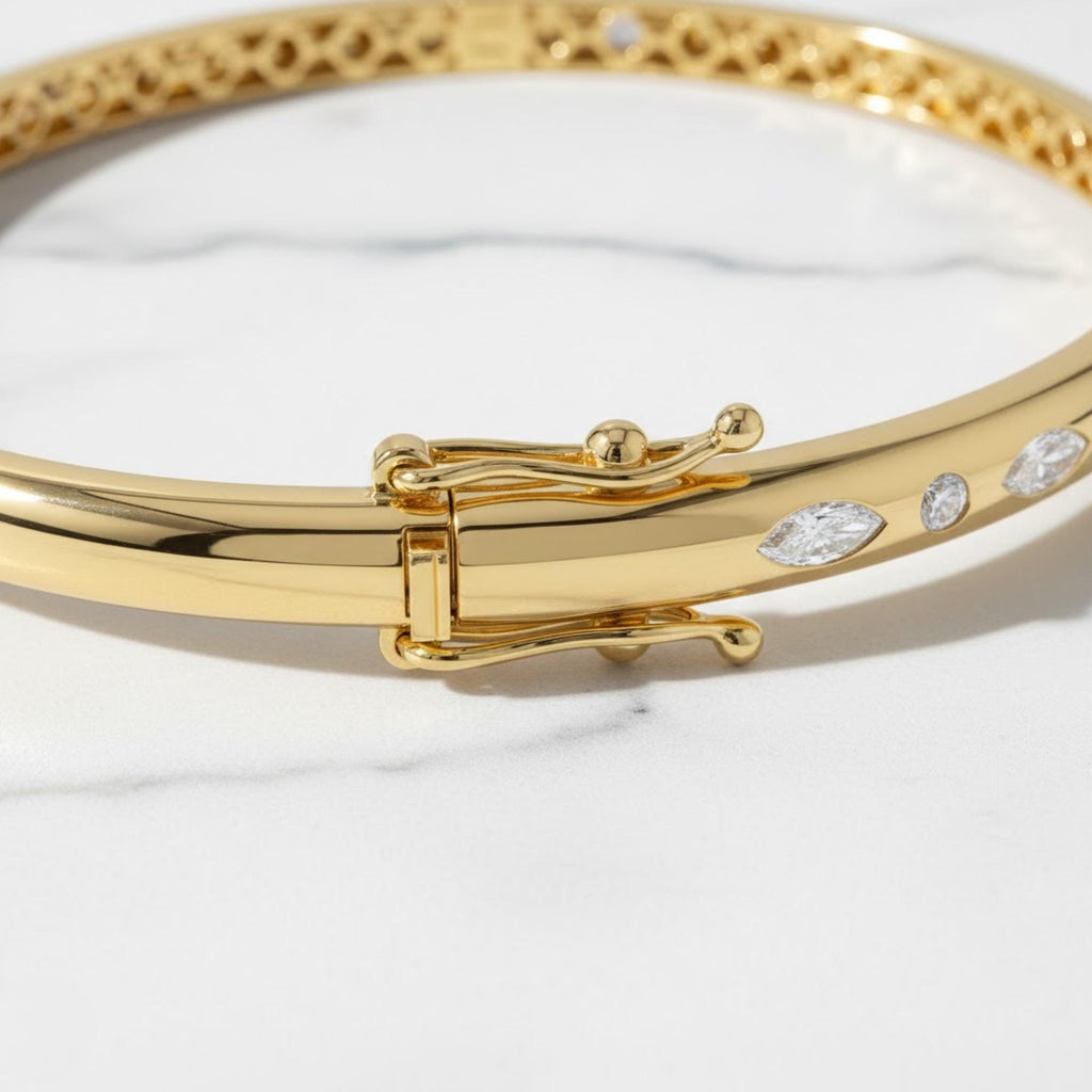 Yellow Gold Plated Bracelet, Marquise Shaped and Round Moissanite Diamond Bangle Bracelet, 0.65ct D/VVS1 Moissanite Diamond, Birthday Gift